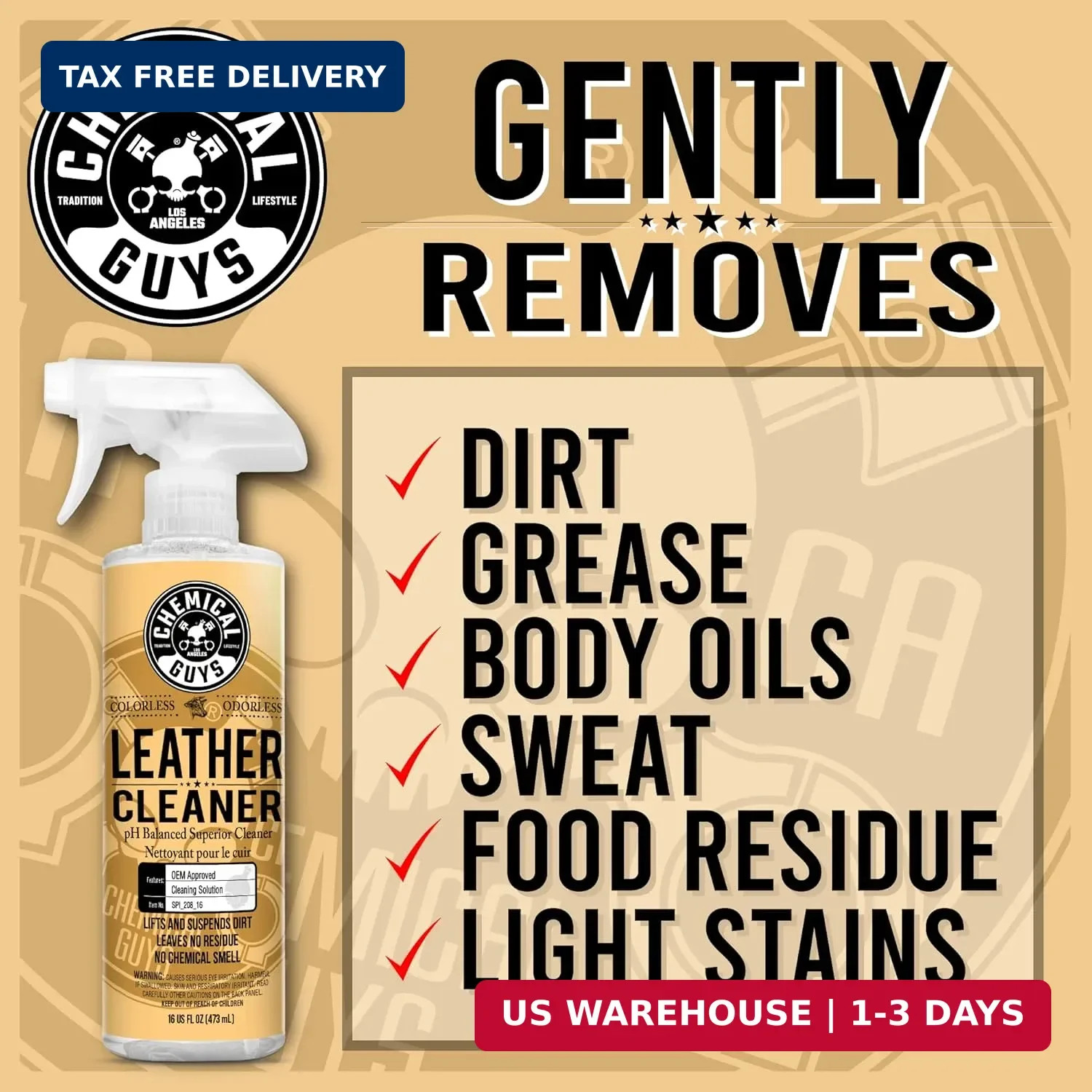 Chemical Guys Colorless and Odorless Leather Cleaner – Safe for Natural, Synthet