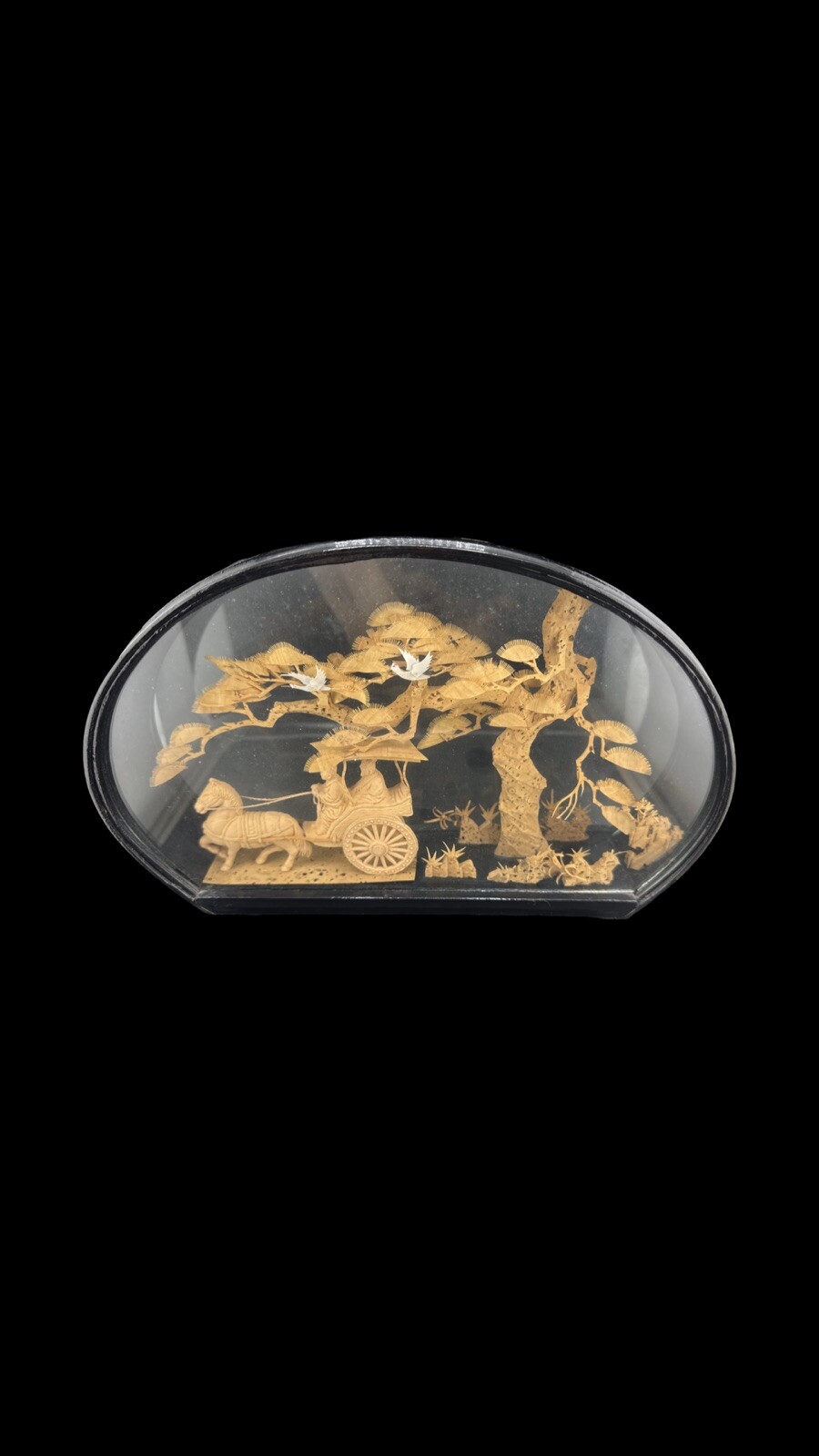 Vintage Chinese Glass Enclosed Cork Diorama Bamboo Art Framed Curved Top 💥