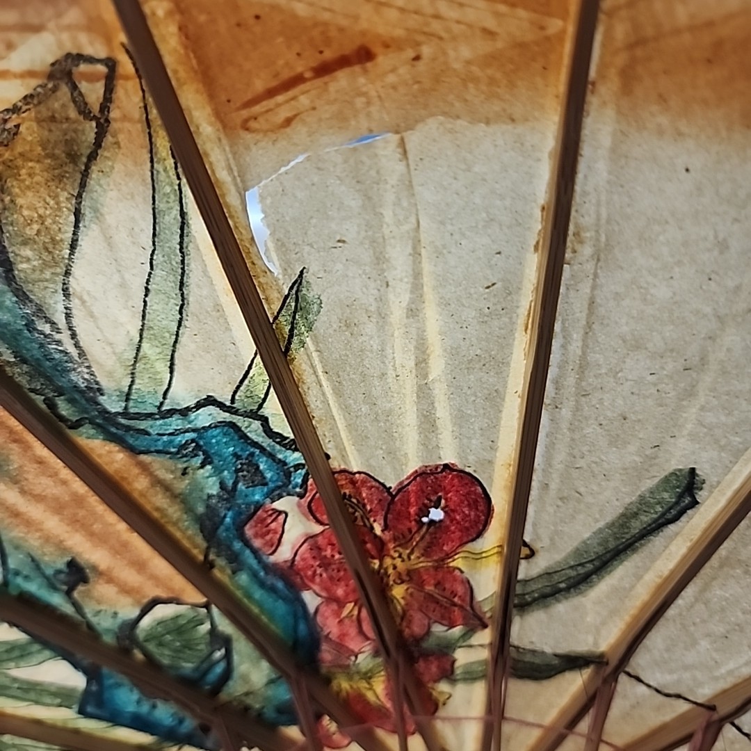 Set of 3 Vintage Oriental Hand Painted Birds & Flowers Bamboo Paper Parasols