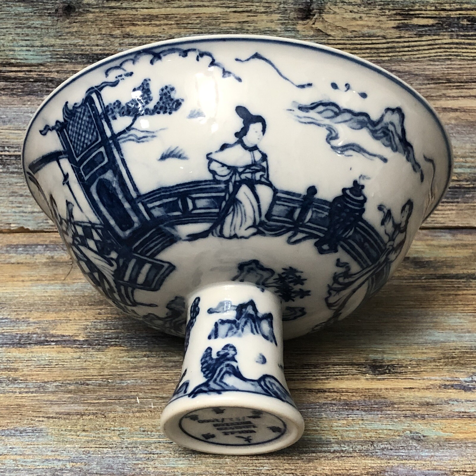 VTG WAN-LI LIMITED EDITION Porcelain Footed Pedestal Bowl 152/1000 White & Blue