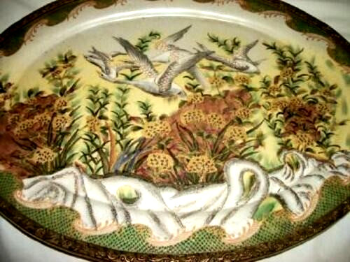 Chinese Hua Rong Tang Zhi Tray Porcelain HP Cranes White Tiger Bronze Rim Handle