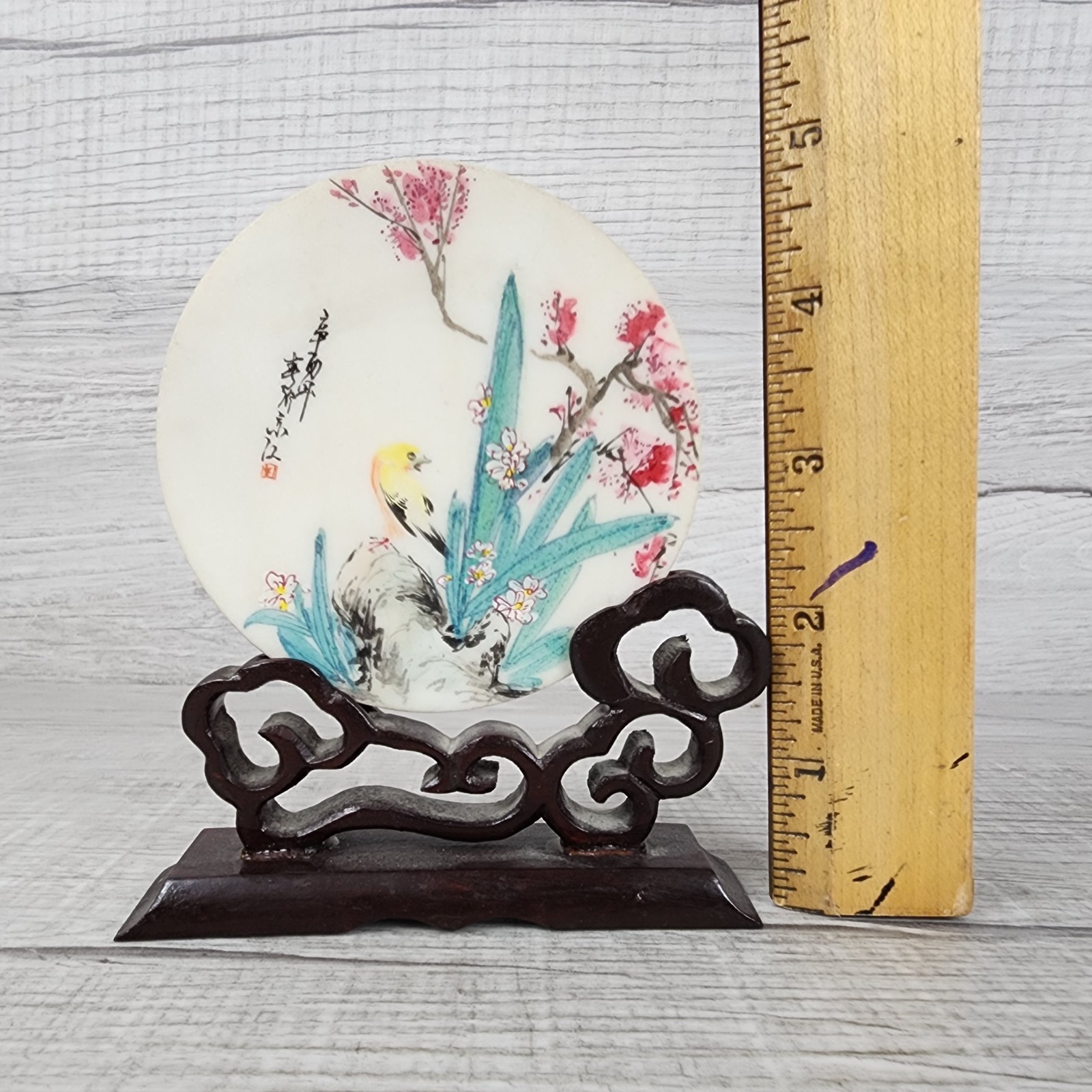 Chinese Hand Painted Porcelain Plaque Table Screen Bird Blossom W/ Wood Stand