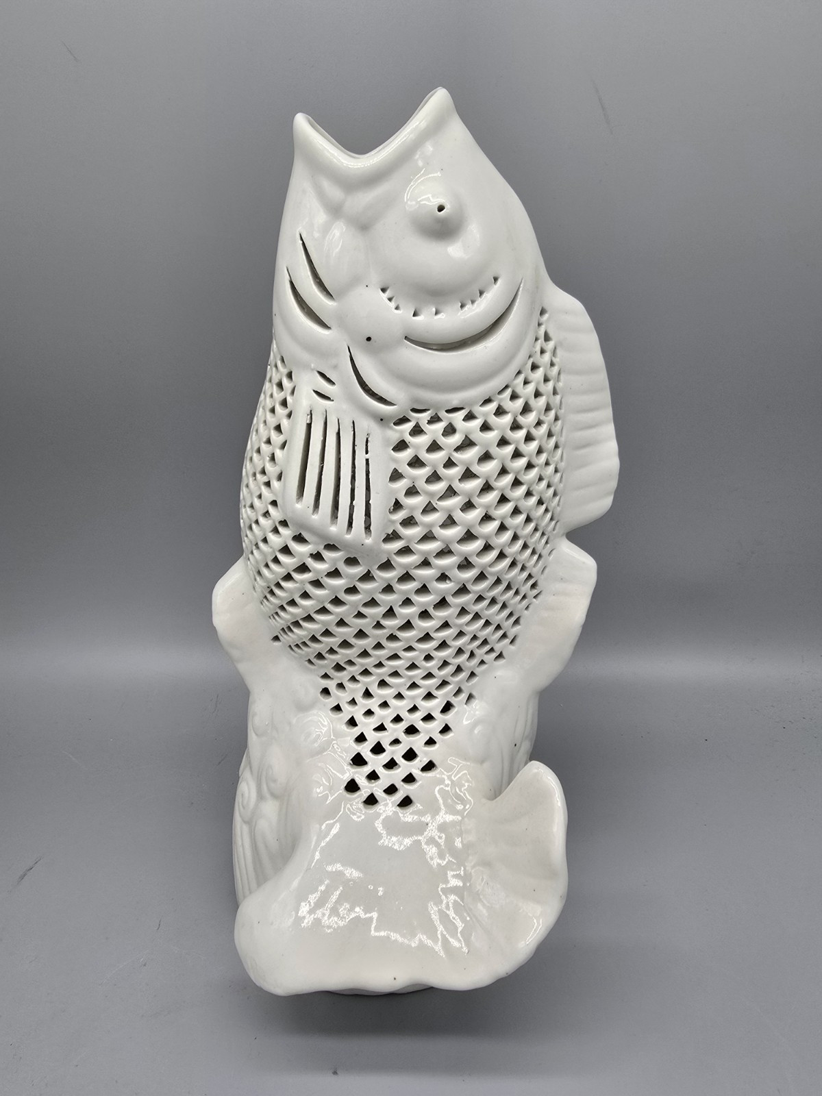 Vintage Blanc De Chine Koi Fish Votive Lamp Base Sculpture 10 1/2″