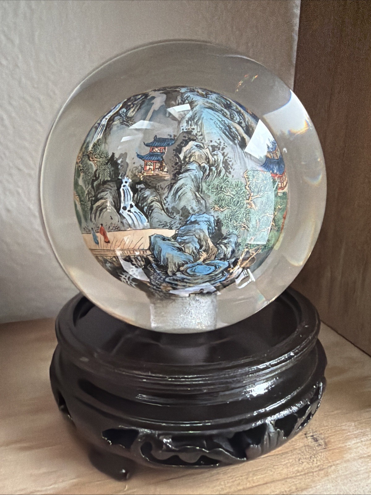 Vintage Chinese Hand Painted Reverse Art 4.5″ Glass Globe On Wooden Stand