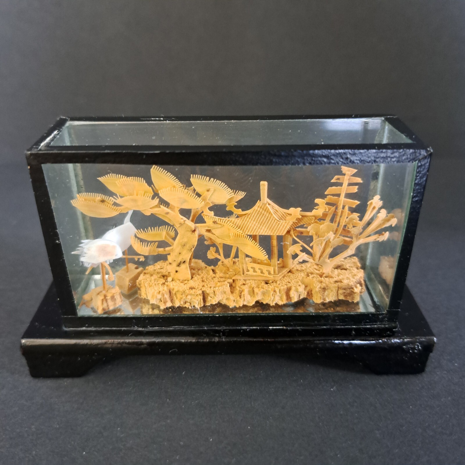 Carved Chinese Cork Diorama Shadow Box Sculpture In Glass Cranes Trees Pagoda