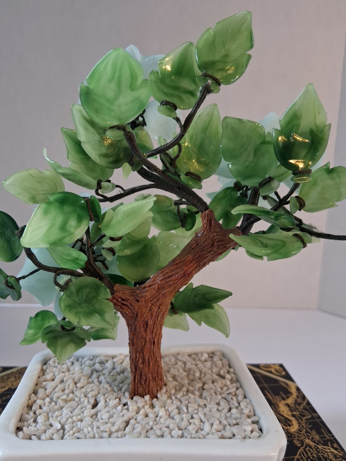 Vtg 1980’s Aqua Blue Peking Glass Blossomed & Jade-Stone Leaf Bonsai Tree; EUC!