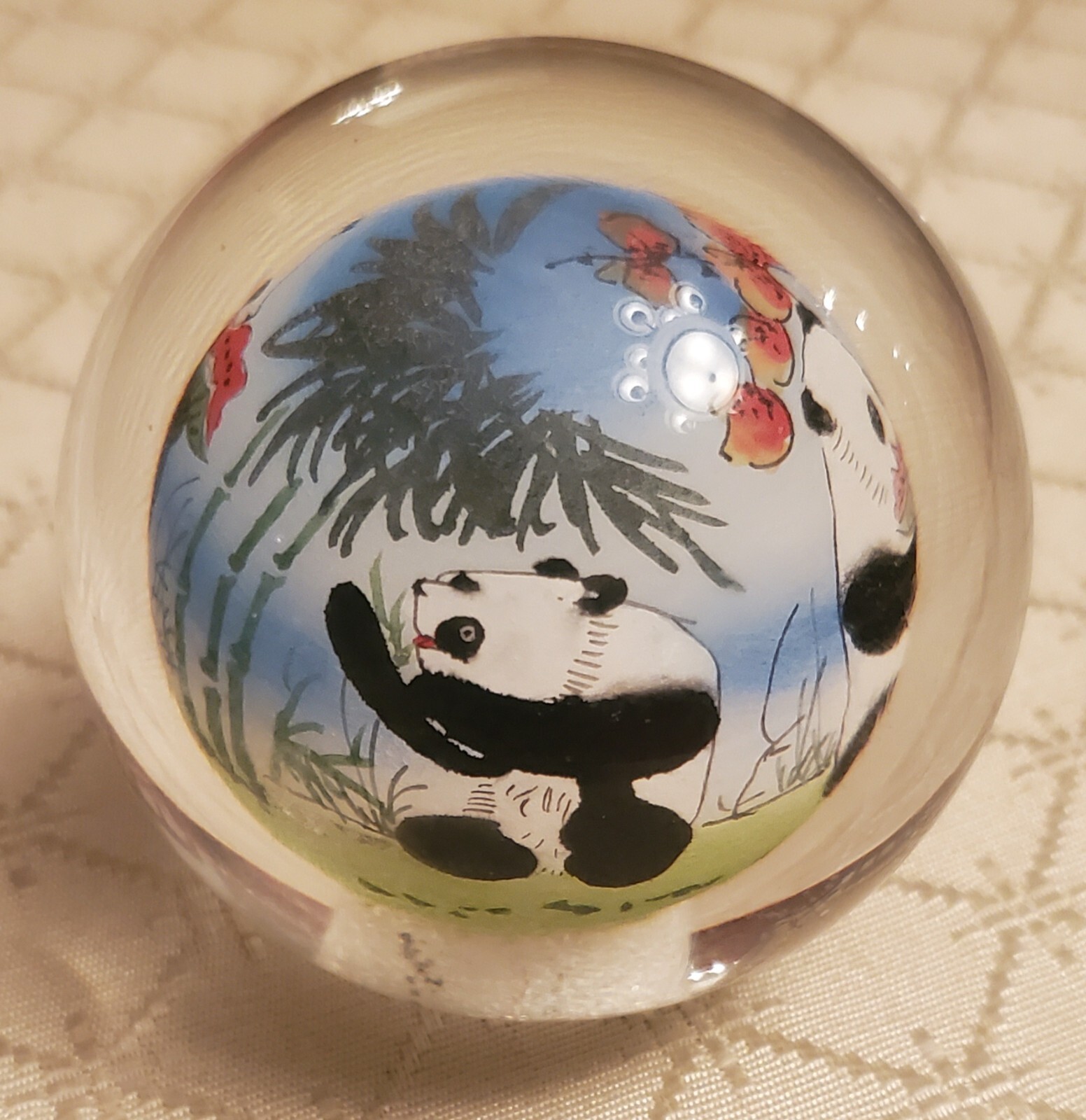 Chinese Glass Ball Sphere Paperweight Reverse Hand Painted Pandas Eat Watermelon