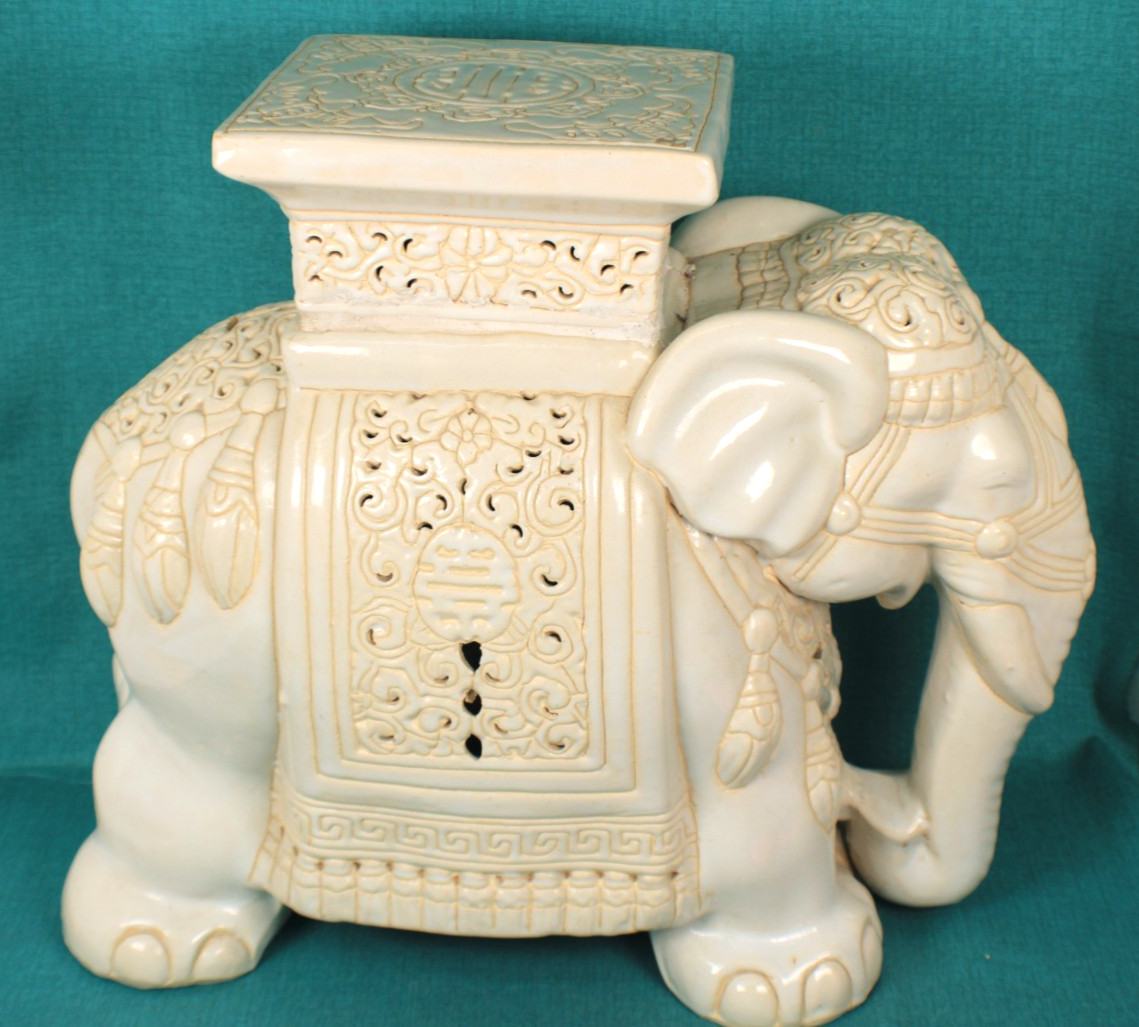 Mid Century Asian Style Ceramic Elephant Plant Stand Beige/ Off -White
