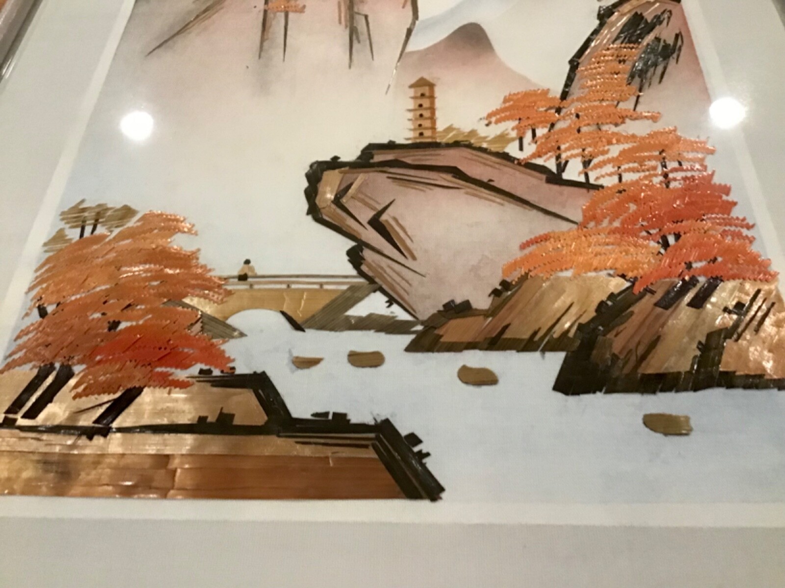 VTG ASIAN CLOTH PAINTED WOOD PICTURE MOUNTAINS WALL ART FRAMED- 1 OF 2 AVAILABLE