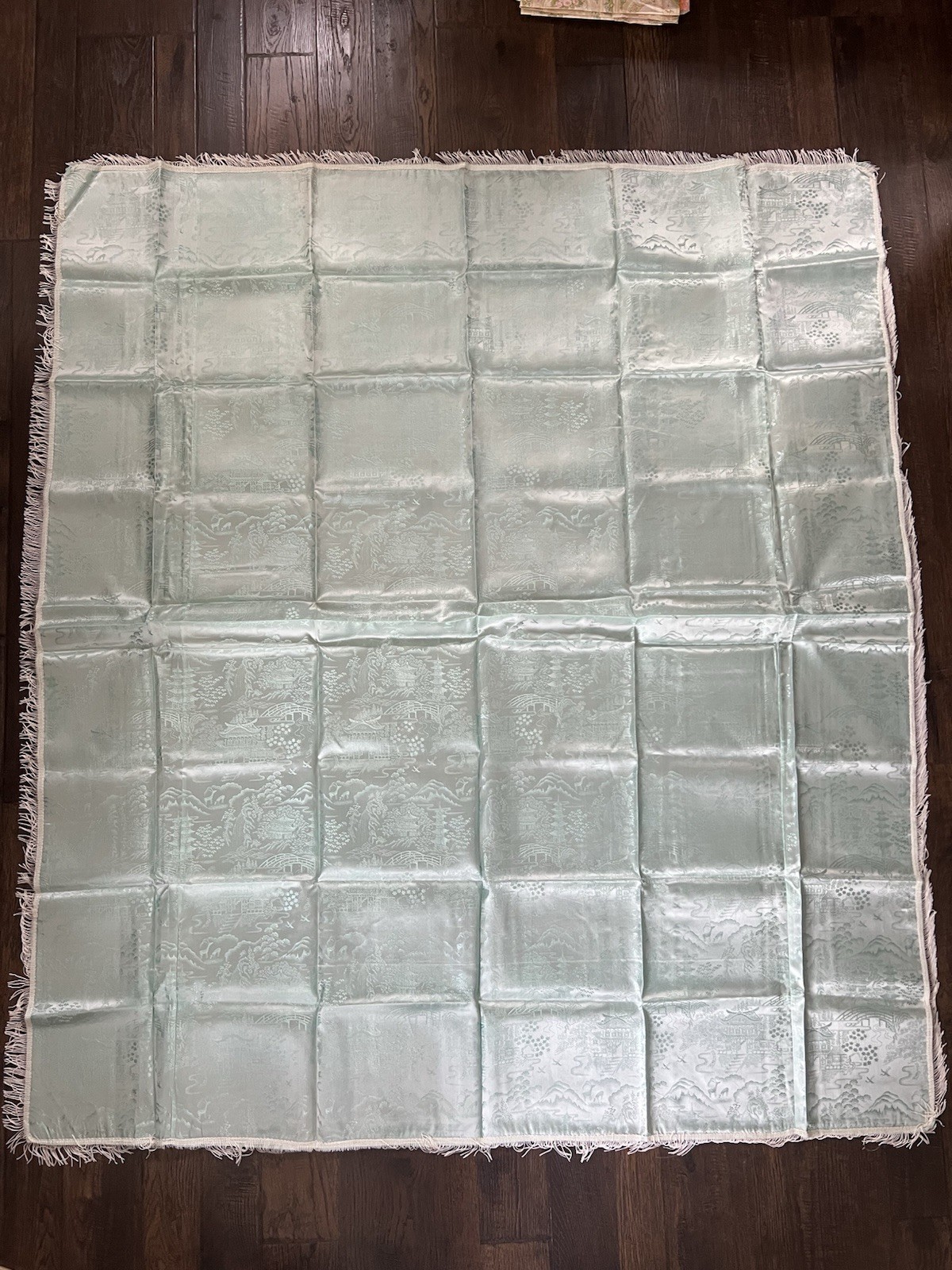 Vtg BROCADED Silky Ice Blue Tablecloth Cover Reversible China Fringe 50×60” MCM