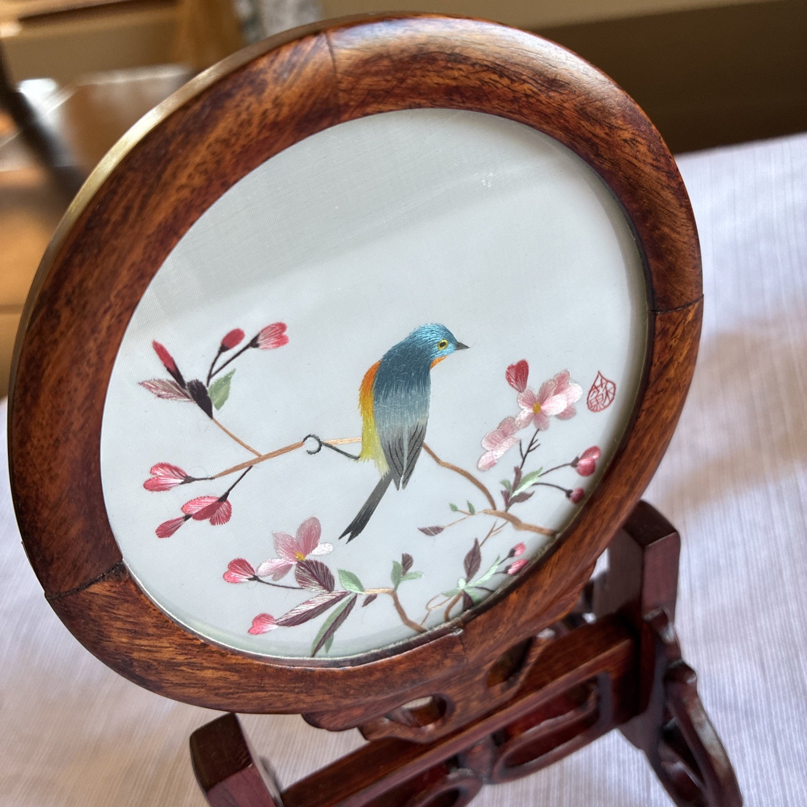 VNTG Chinese Silk Double Sided Embroidery Songbird Round Table Screen Wood/4.5”
