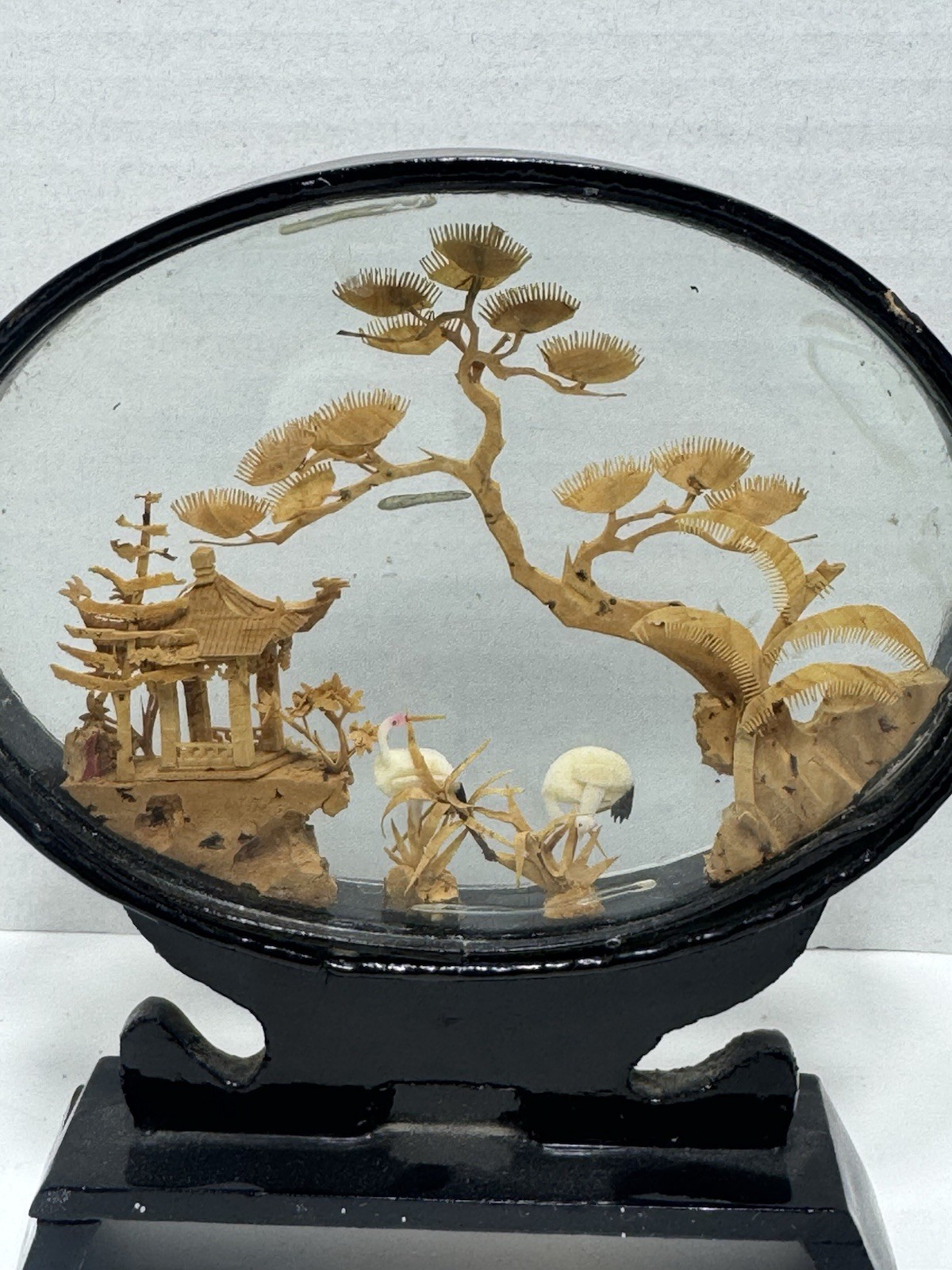 2 VINTAGE CHINESE SAN YOU DIORAMA CORK CARVING GLASS CASE PAGODA TREES & CRANES.