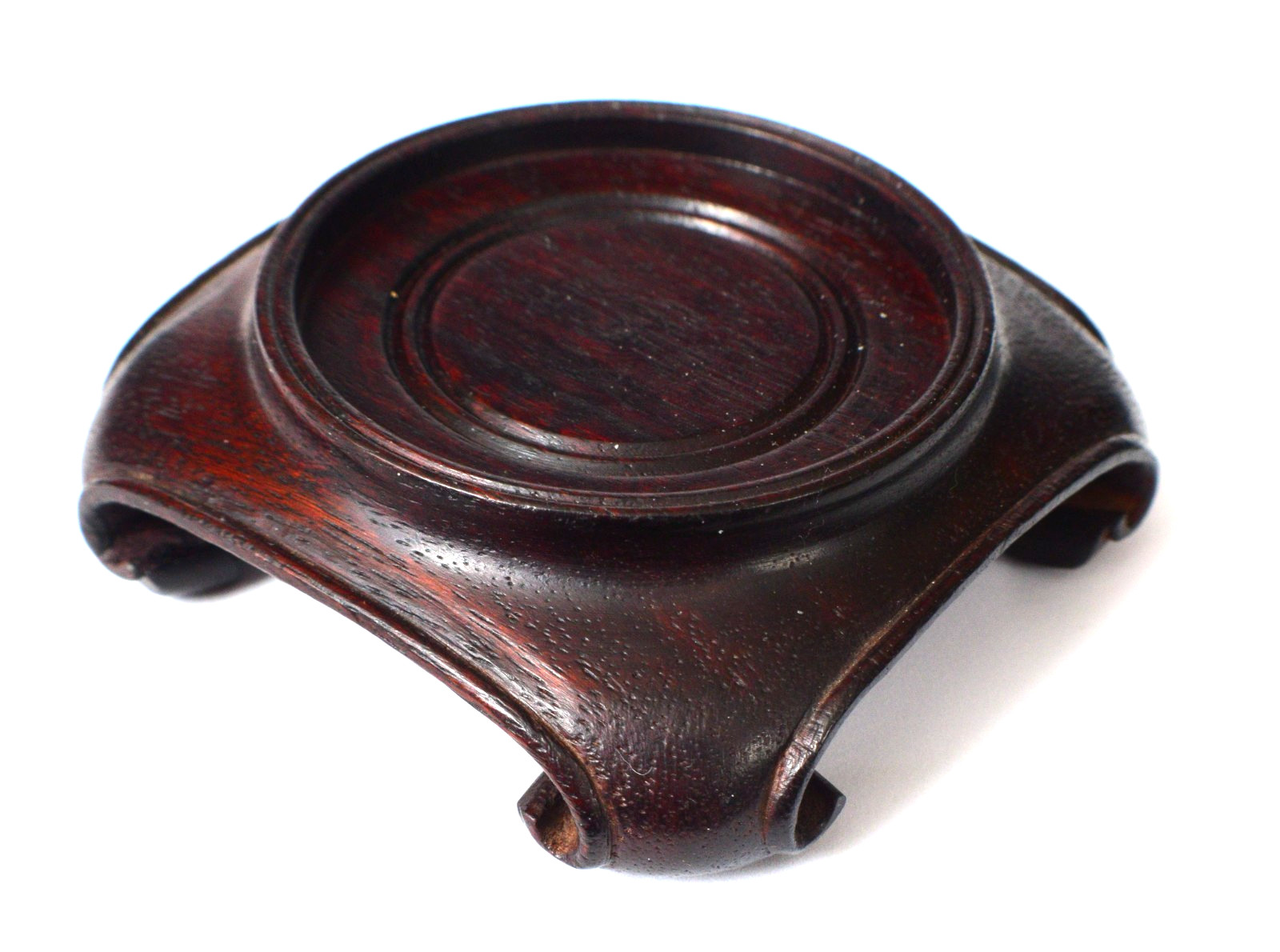 Vintage Chinese Round Brown Wood Stand w/Square Scroll base 2 1/2″ diam top S30