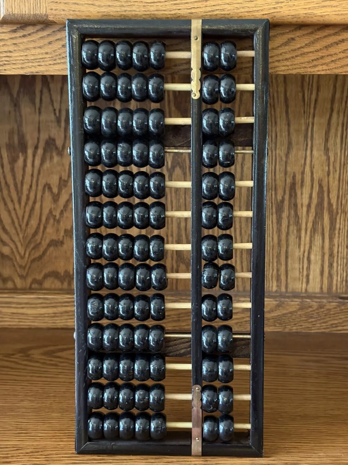 Vintage Zhejiang Chinese Black Wooden Abacus 13 Rods 91 Beads Brass Accents GVC