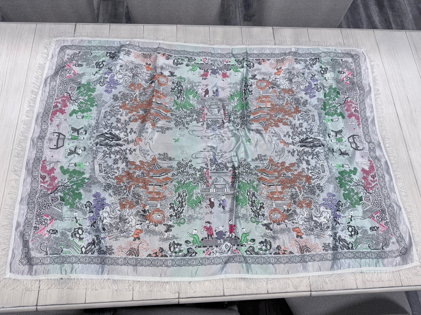 Vintage Chinese Silk Brocade Machine Woven Tablecloth 52”X34” & Watercolor Art