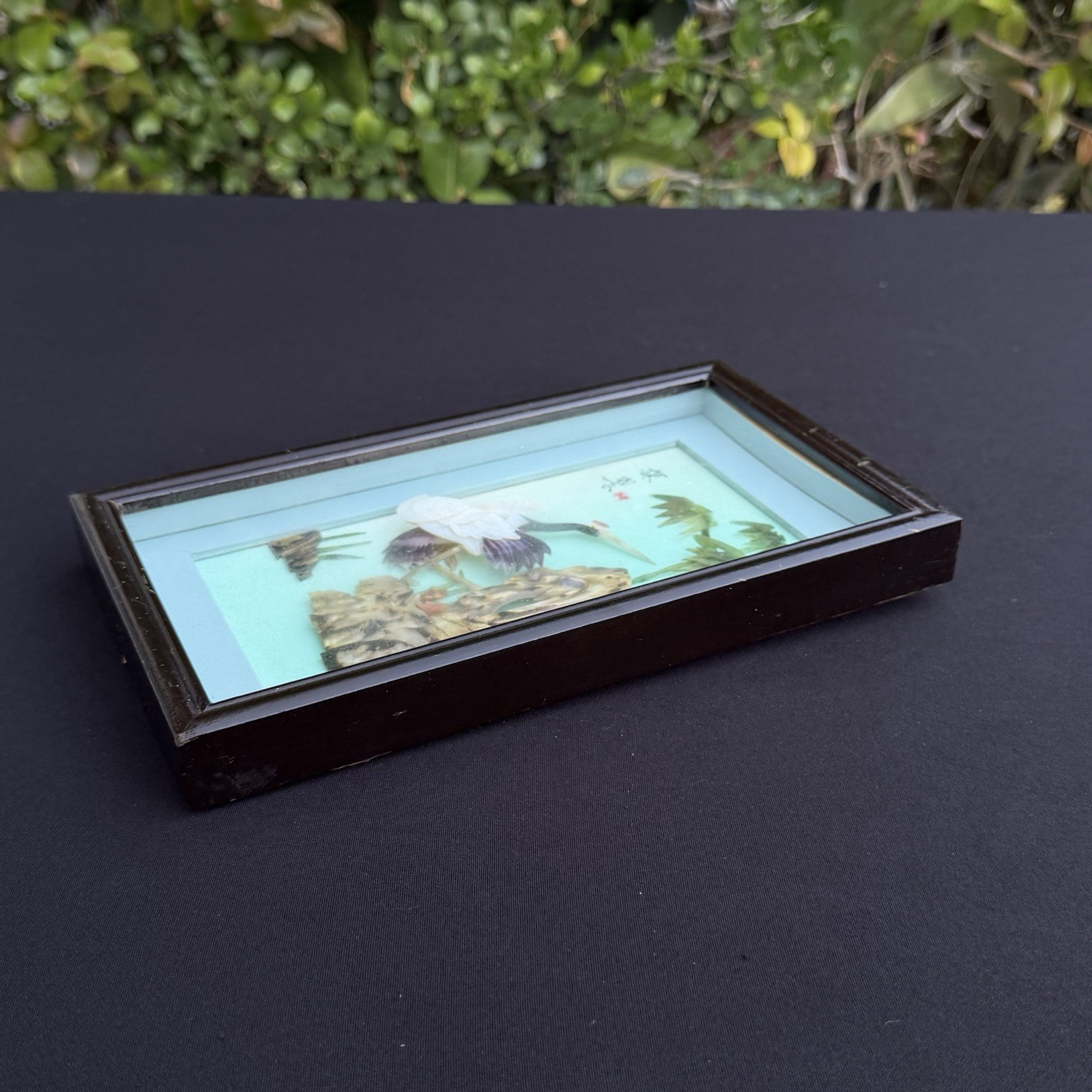 Vintage Asian 3D Shadowbox Wall Hanging Red-Crowned Cranes Shell Nature 9.5×5.5”