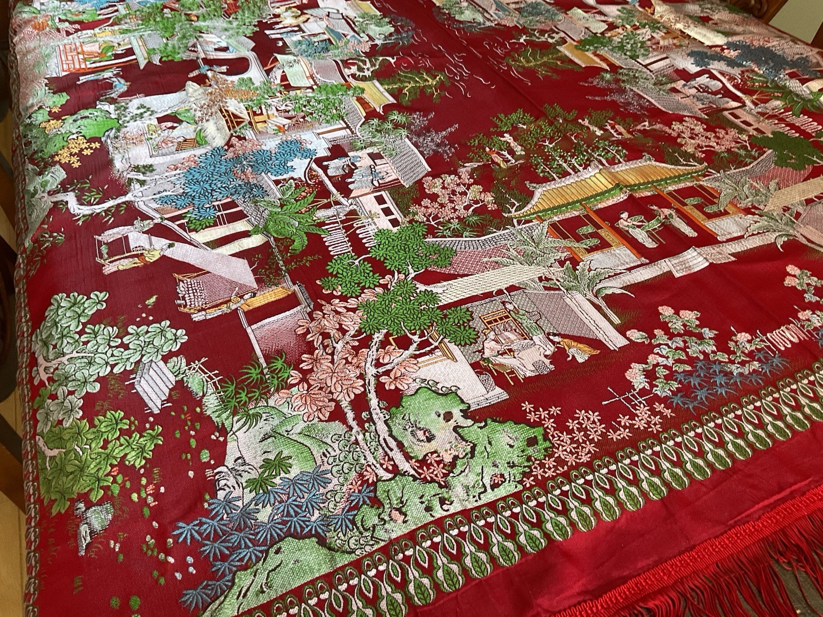 Vintage Brocaded Flowers brand Chinese Red Silk Tapestry Tablecloth 80″x54″