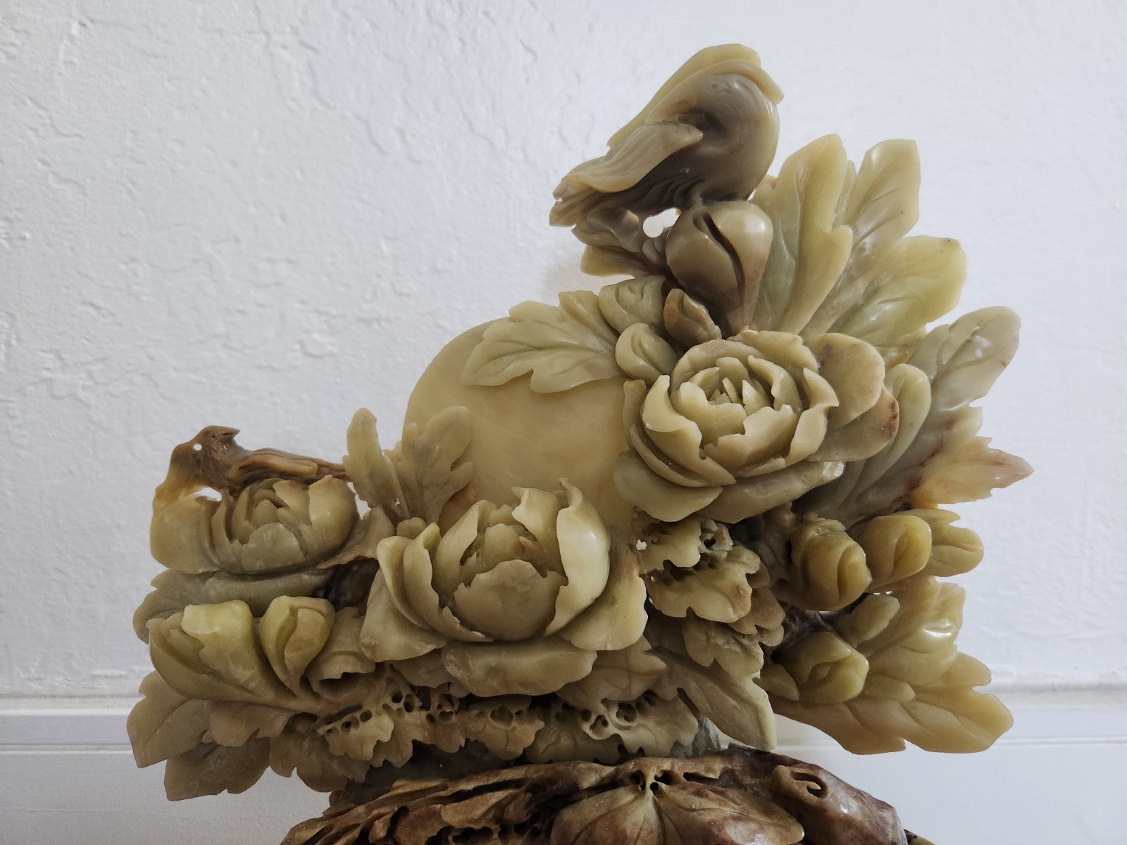 Exceptional Ornate Chinese Soapstone Carving Birds Flowers & Fruit 12″ x 13.5″ T