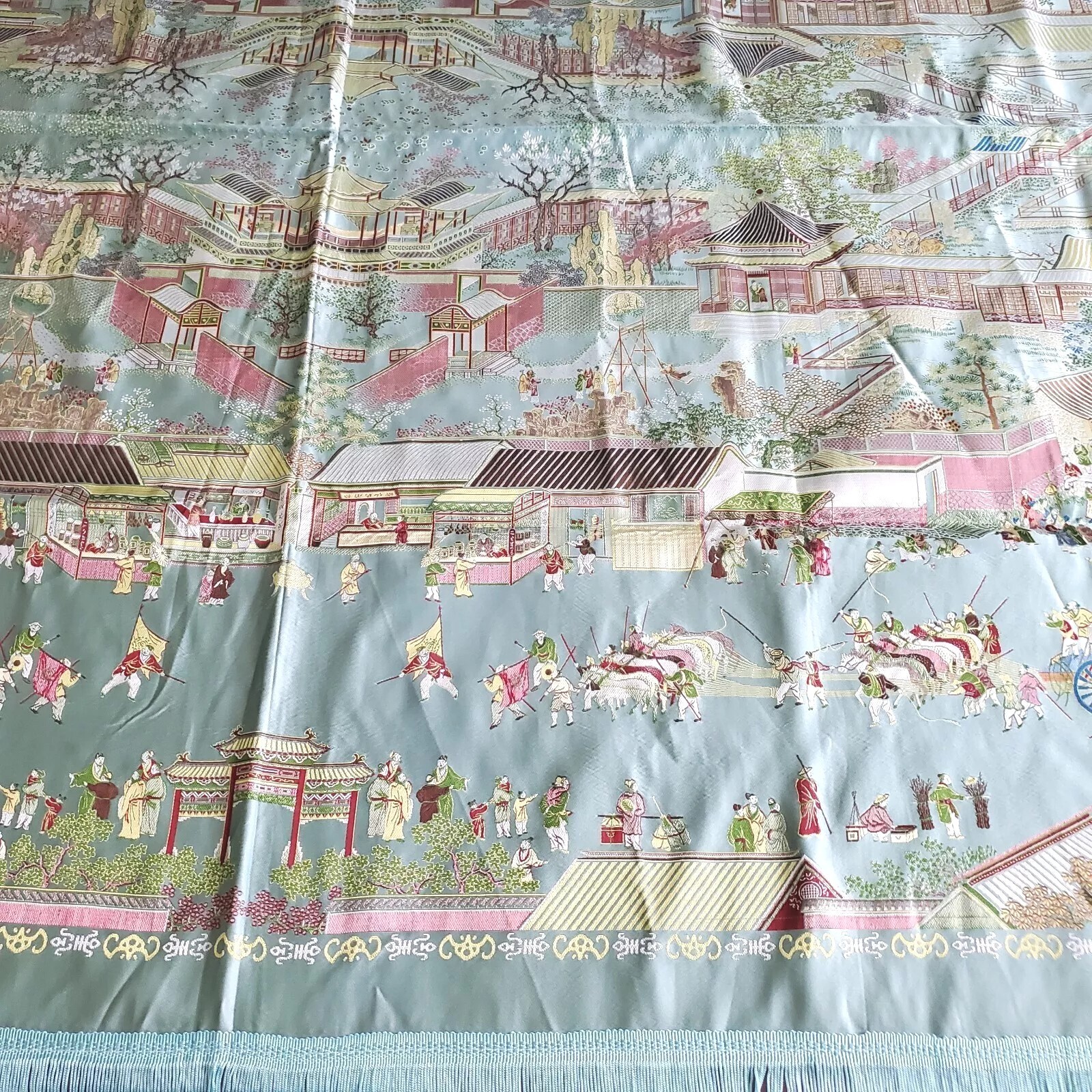 Vintage Gorgeous “Brocaded Flowers” Chinese Silk Tapestry Tablecloth 80″x54″