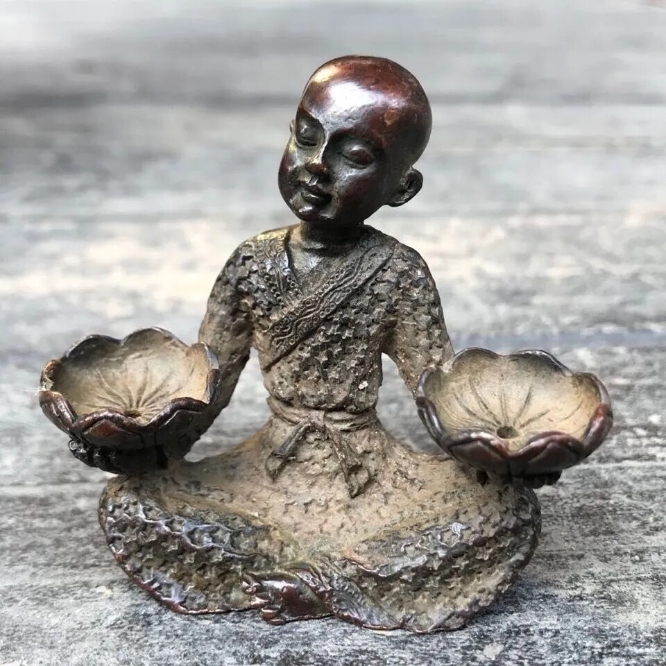 Pure Copper Incense Burner Ornaments Young Monk Holding Lotus Candlestick Stove