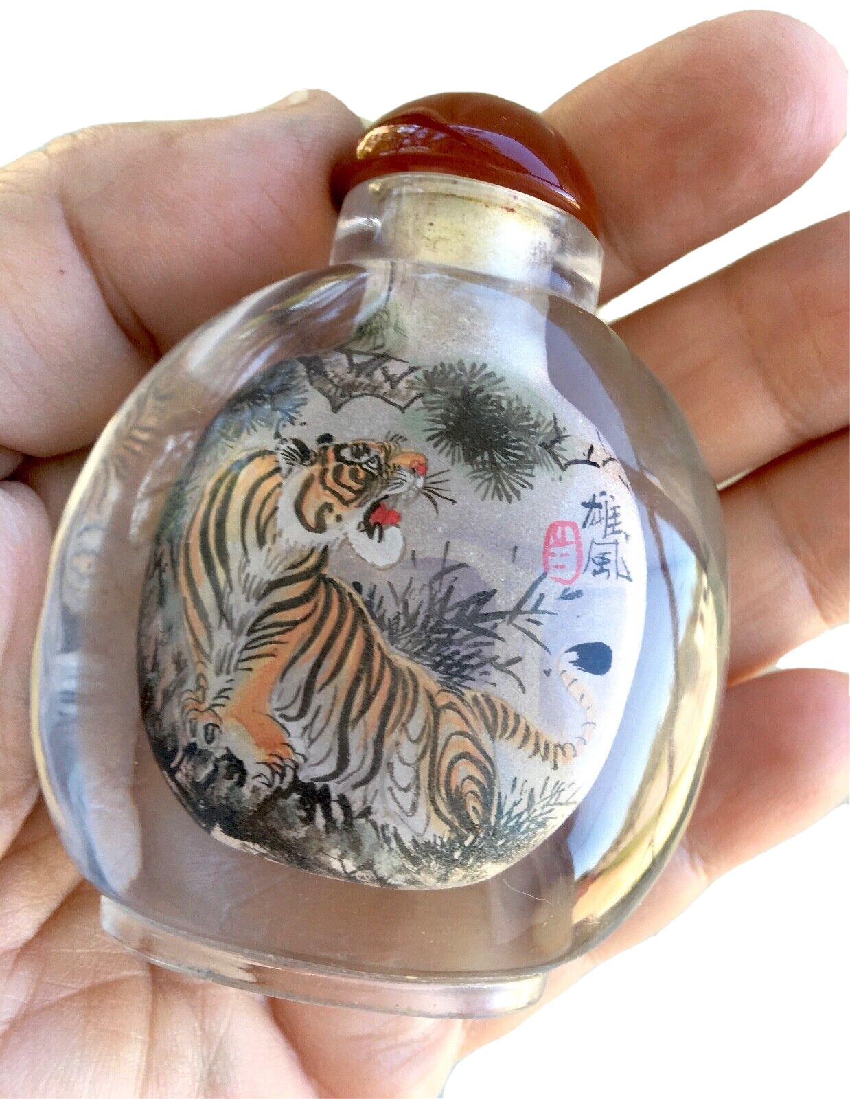 Vintage Original ‘Turning Tiger’ Hand Carved Crystal Snuff Bottle, 2-7/8″Tall