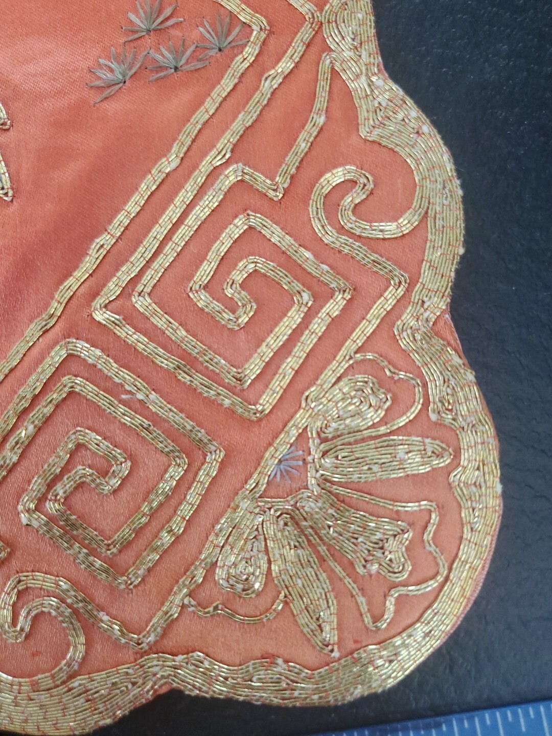 Vtg Chinese Hand Embroidered Silk Mat Orange Gold Crane Bird DY668