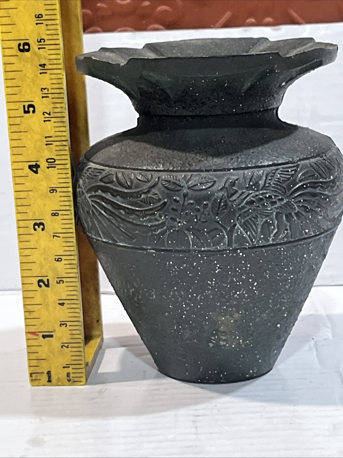 Chinese Stone Cast Vase Metal Decorated Design Iron? Asian Flowers Motif