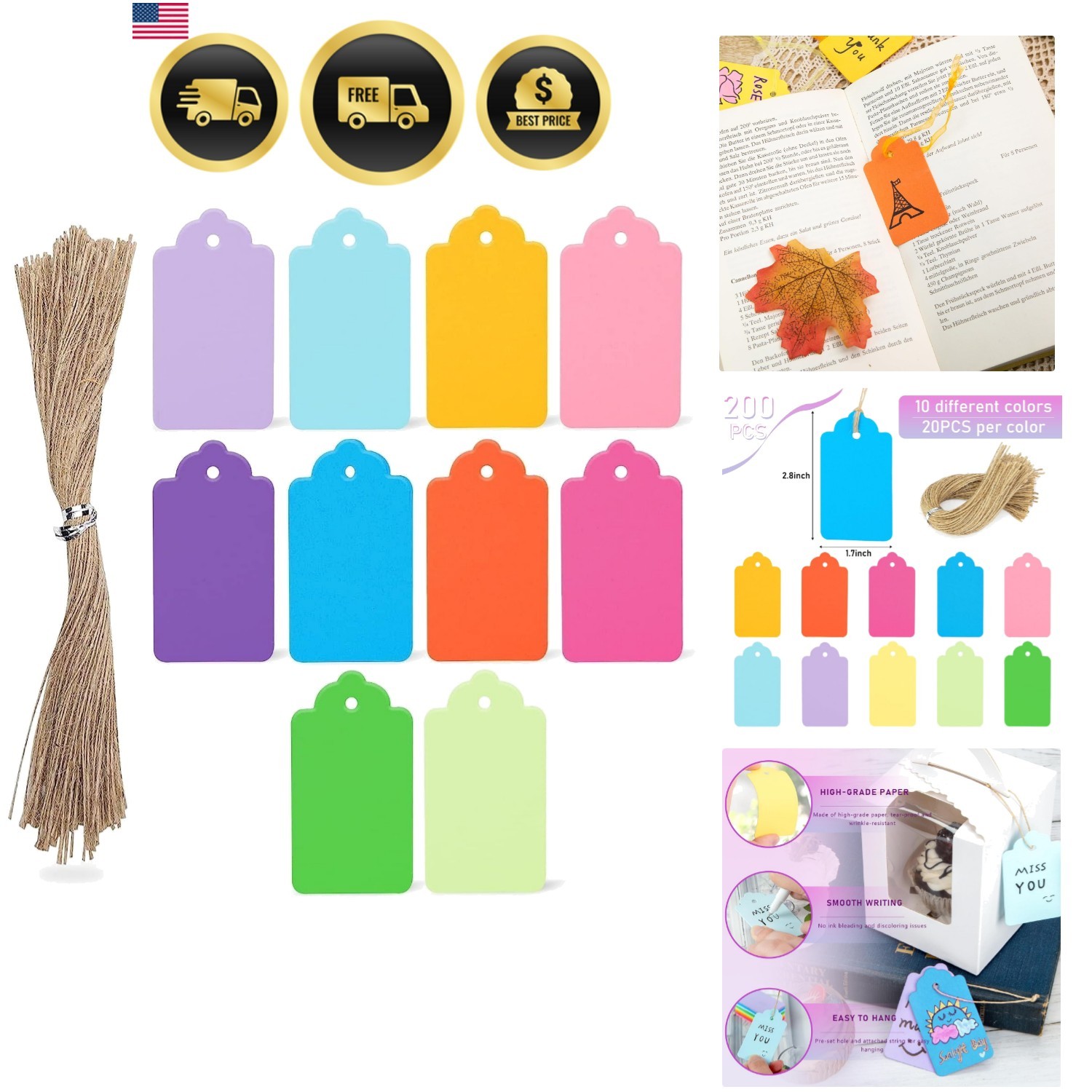 Gift Tags with String 200pcs Assorted Colors Small Paper Hanging Labels
