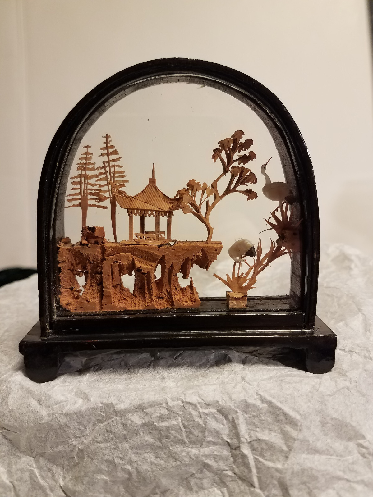 Chinese Lacquered Arched, Hand Carved Cork Diorama, Pagoda Trees Cranes