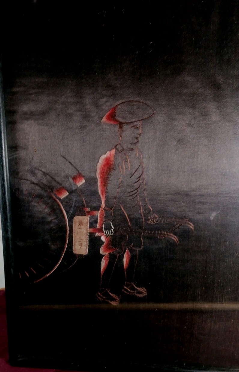 Framed Silk Embroidery Art Asian Man Pulling Cart Stitched Oriental Decor