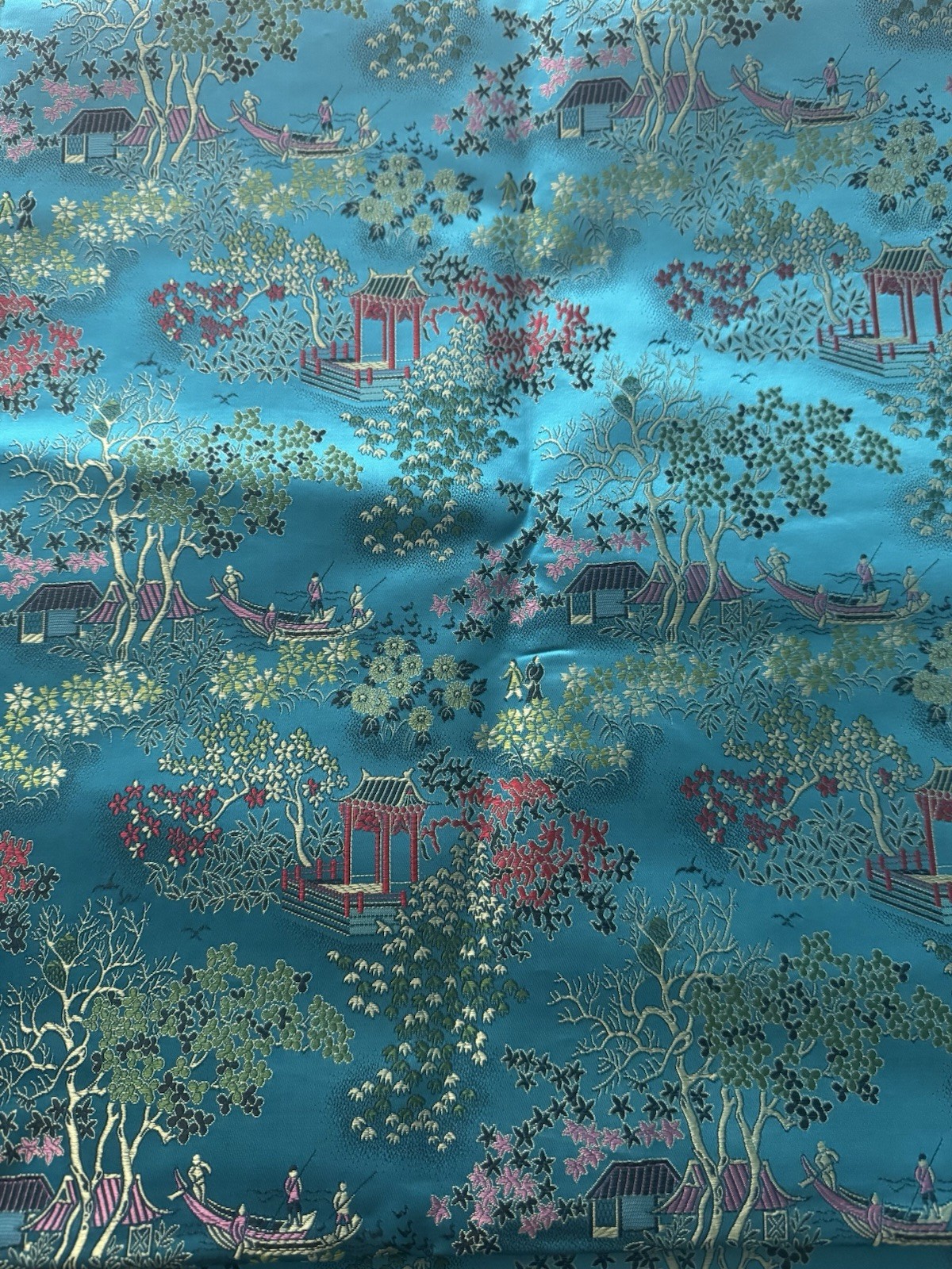 Vintage Chinese Blue Brocade Fabric Textile 4Yds X 36″ Wide Pagoda Flowers Boat