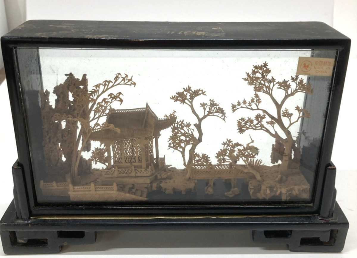 Chinese Cork Art Village Scene Cranes Glass Frame Wood Stand Vintage READ