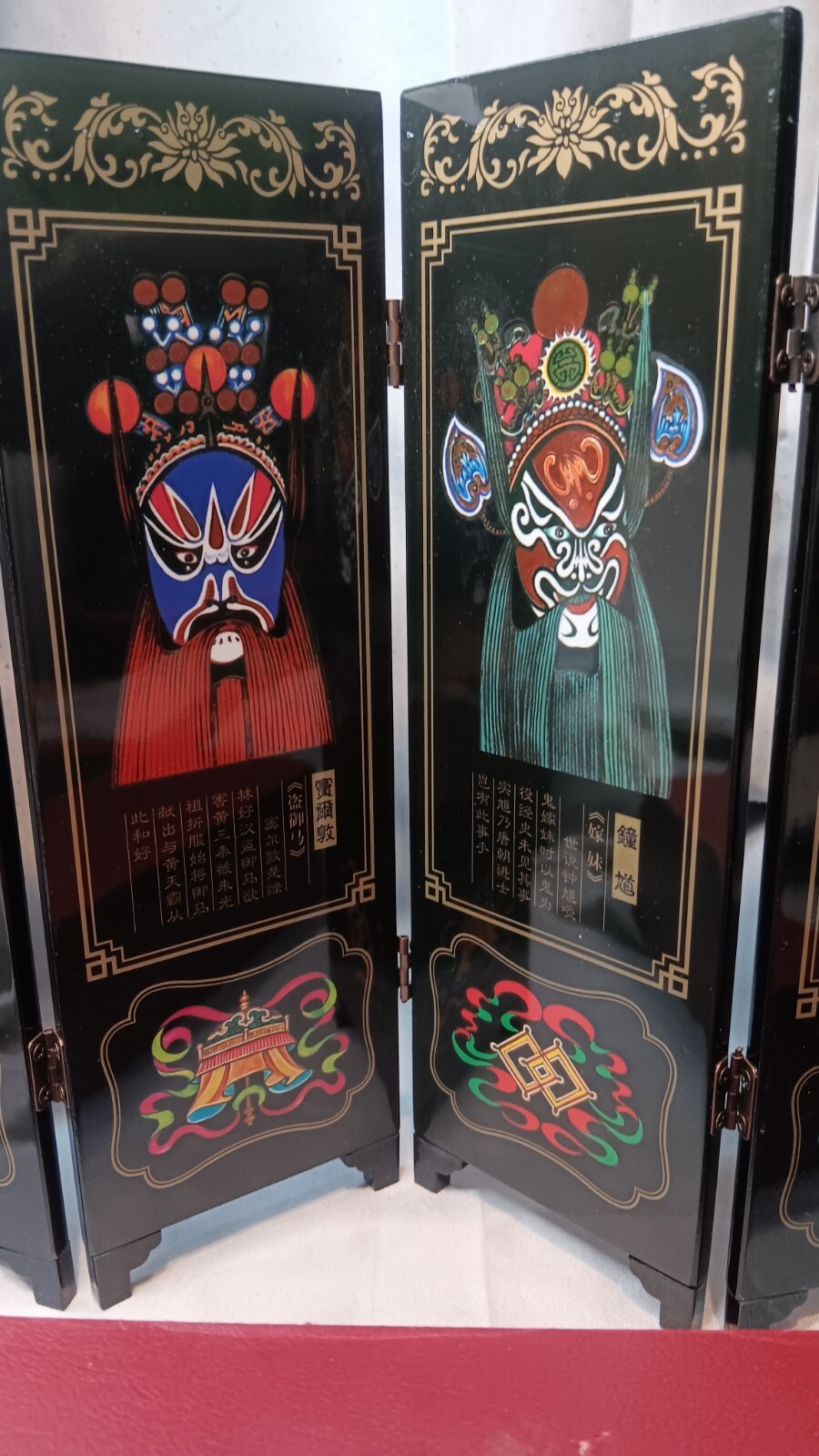 Miniature Black Lacquer 6-Panel Wooden Folding Screen Asian Peking Opera Masks