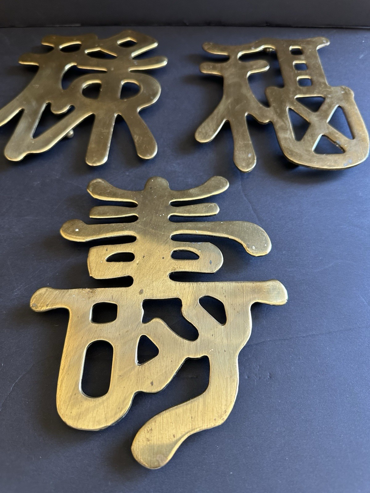 3 Chinese Symbols Solid Brass Wall Decor Trivets Happiness Good Luck Long Life