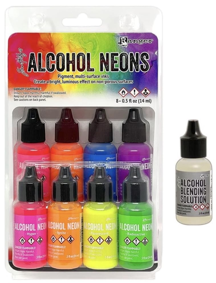 Tim Holtz Alcohol Neons, 8-Pack Ink Set with 0.5 fl oz Blending Solution