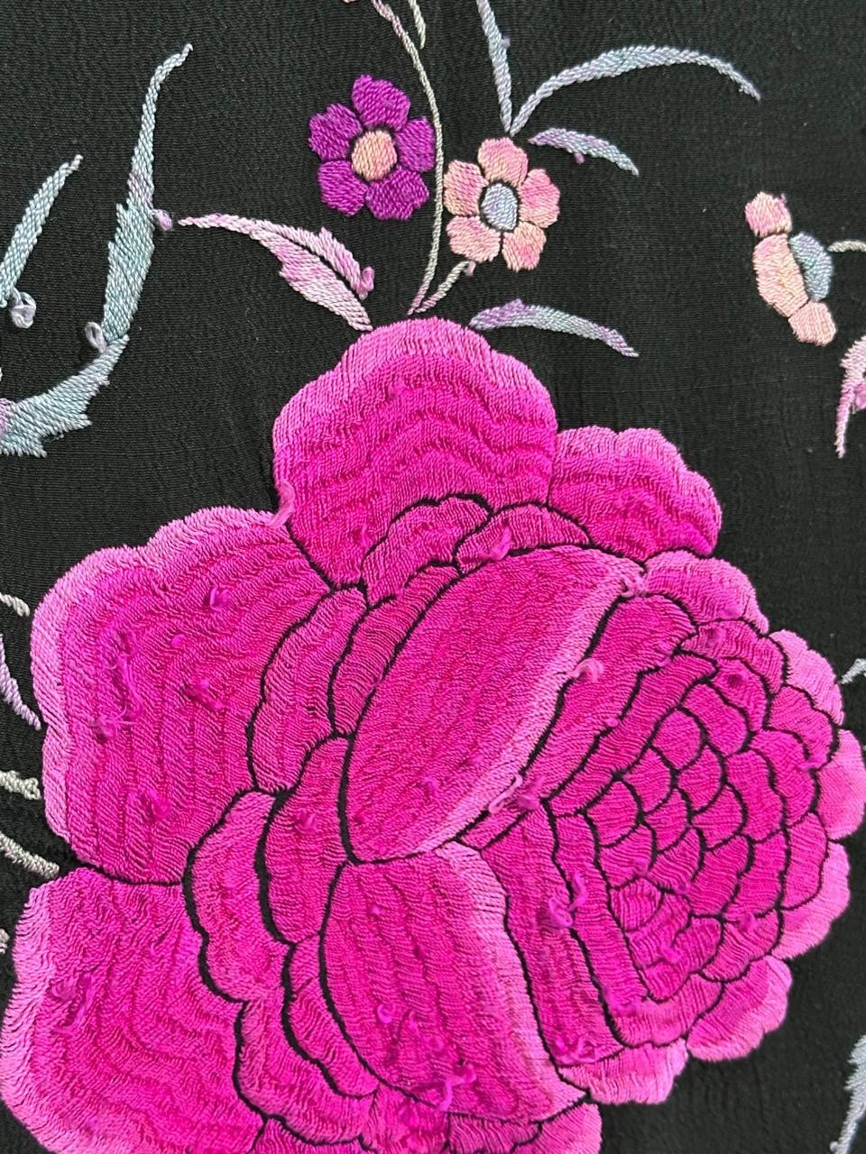 Antique Menton De Manila Silk Black Ground Multi Embroidery Piano Shawal,