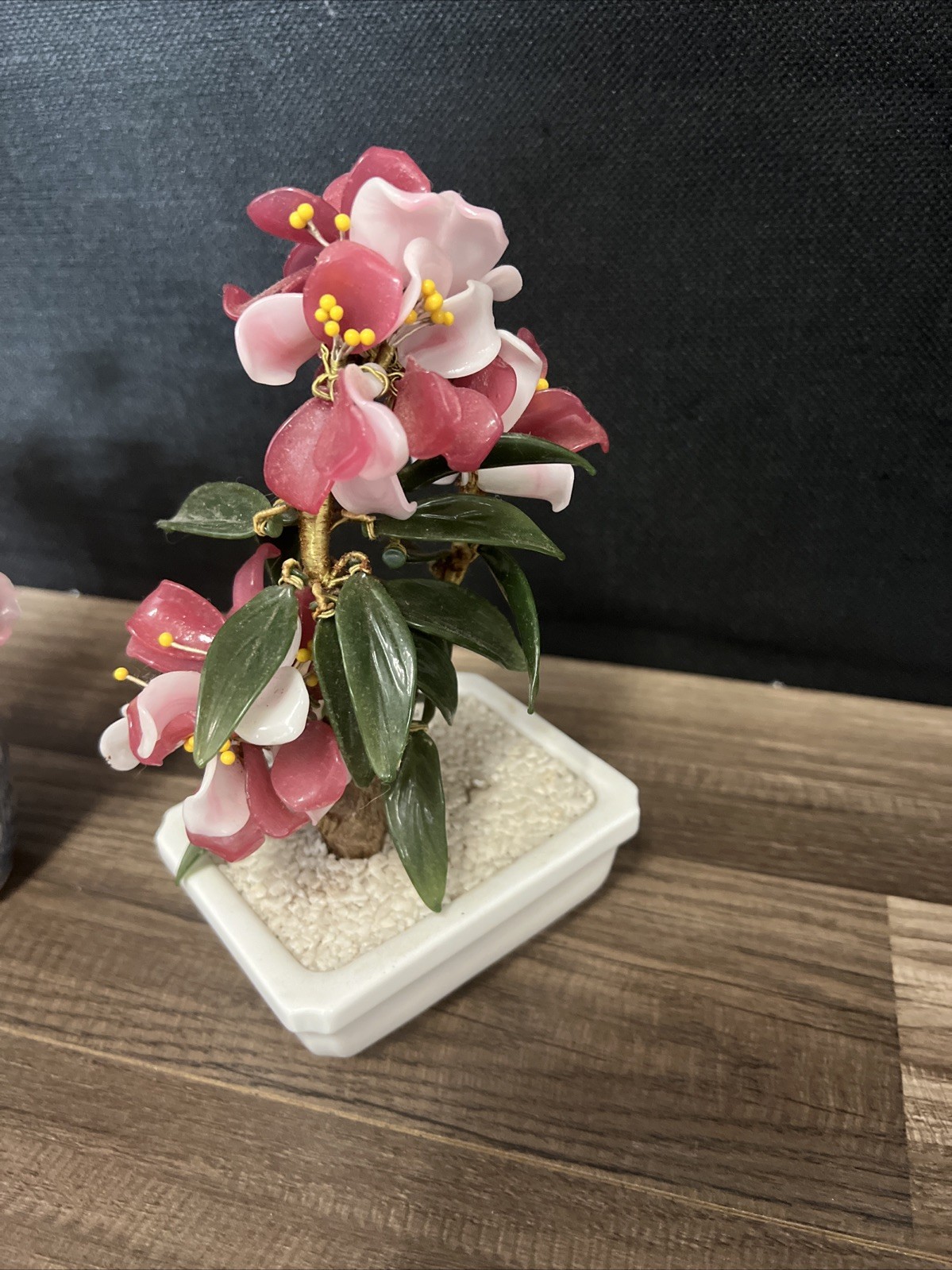 VTG (2) Chinese Lucky Jade Jadeite Stone Carved Pink Flowering Potted Plant Tree