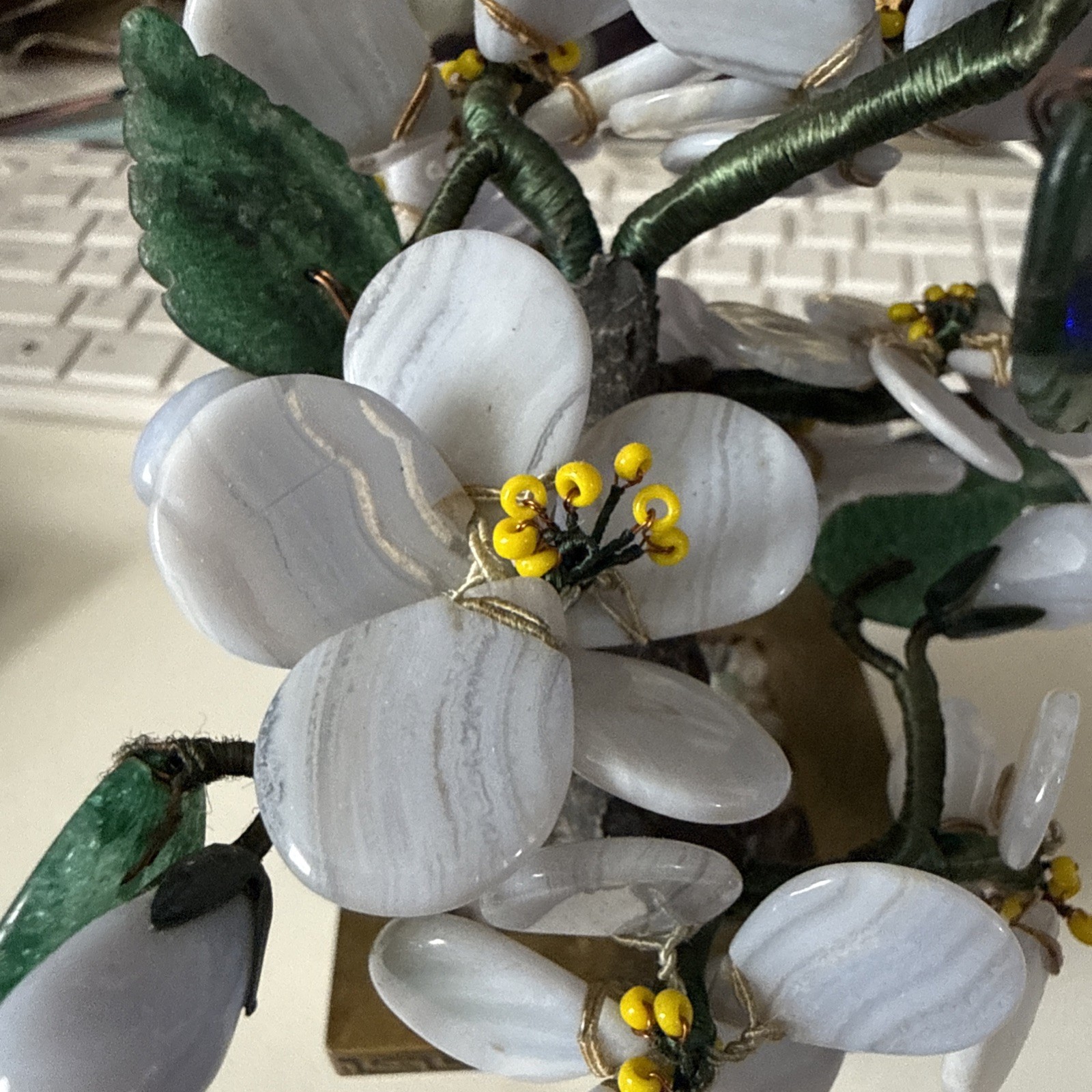Blue Lace Agate 1950’s Vintage Stone Flower Tree With Brass Pot