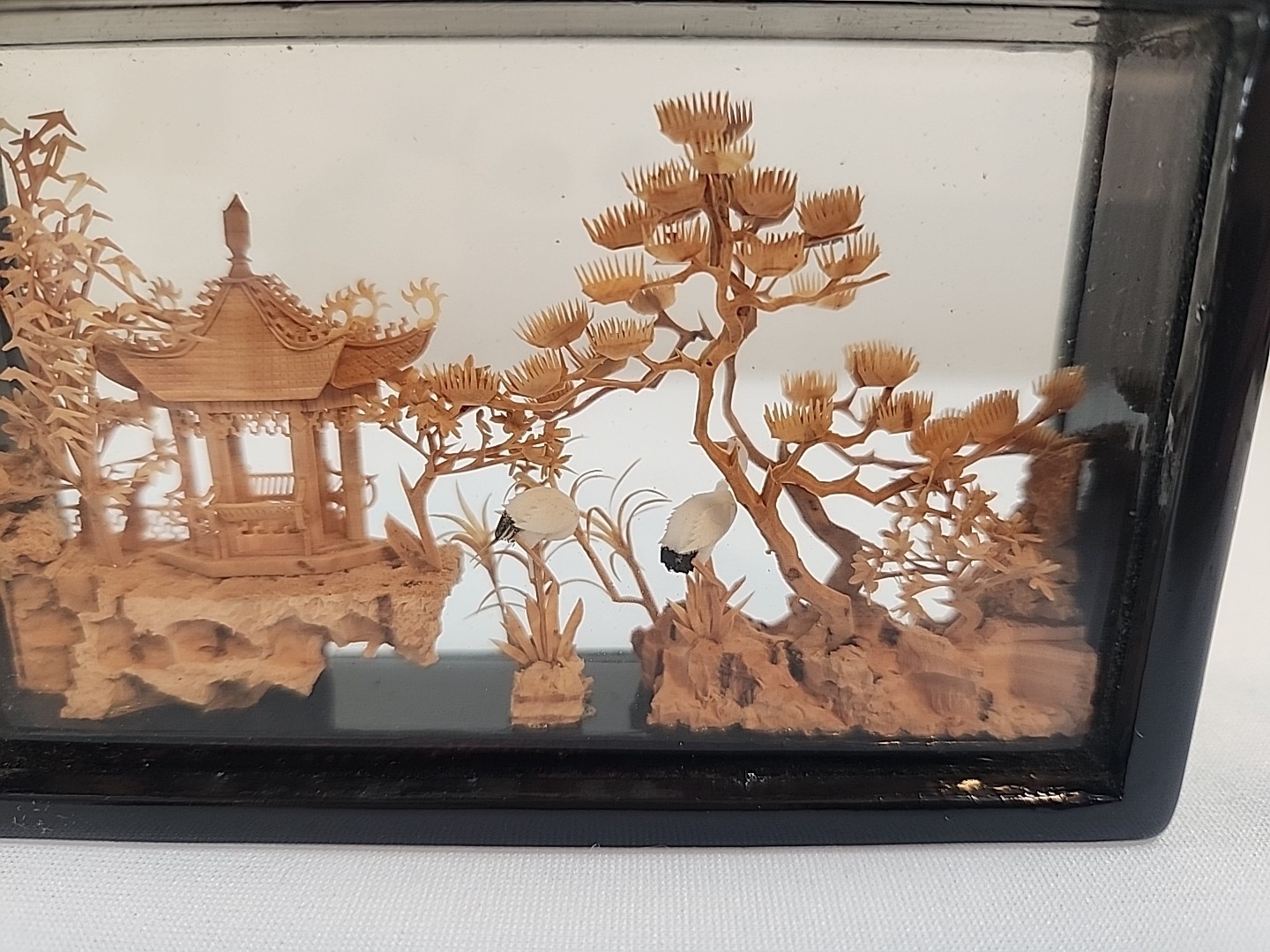 VTG Hand-Carved Chinese Cork & Wood Diorama Encased In Glass Pagoda Storks