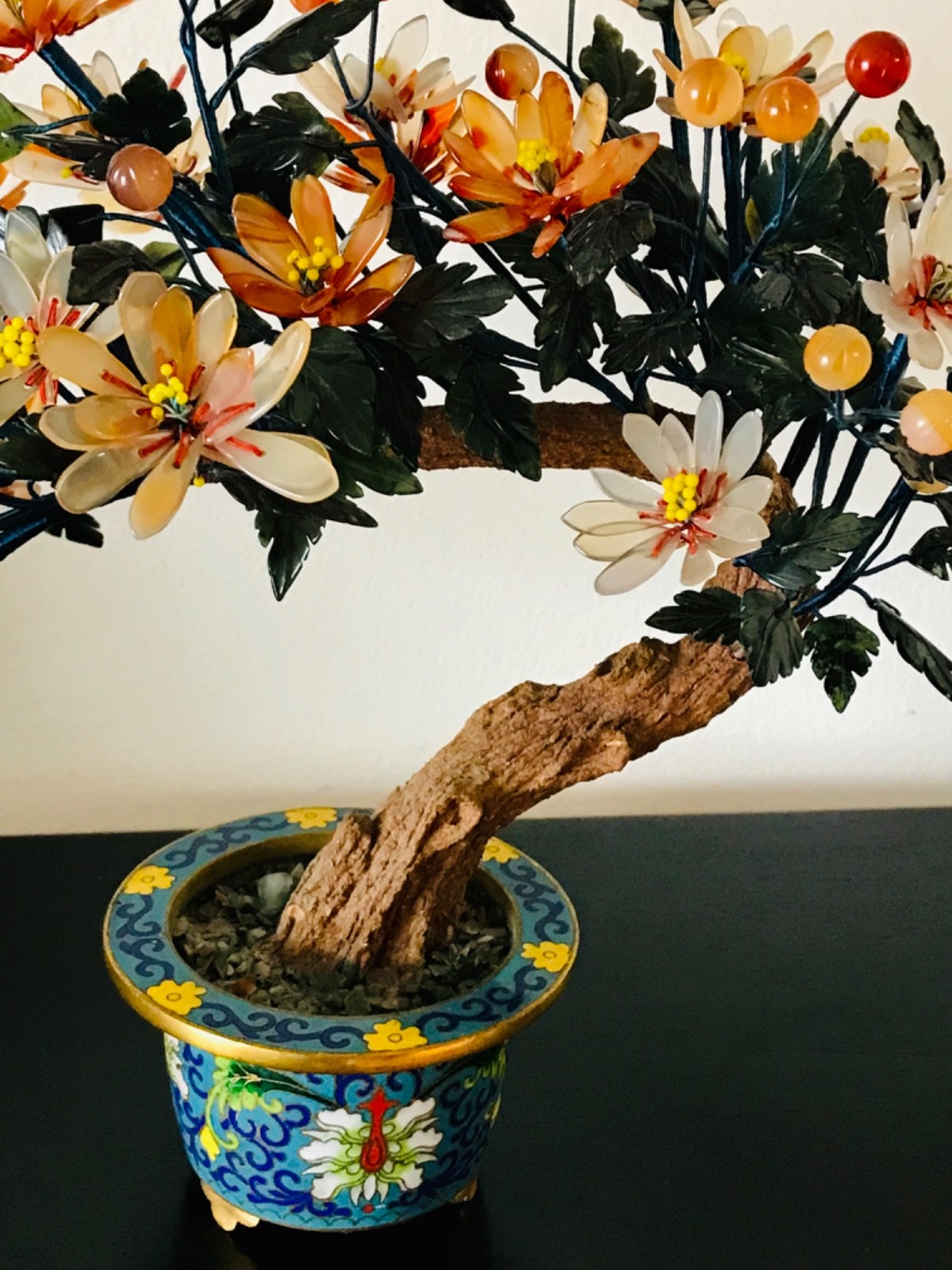 Chinese Jade Bonsai Tree in Cloisonne Pot – 15″ Inches Wide