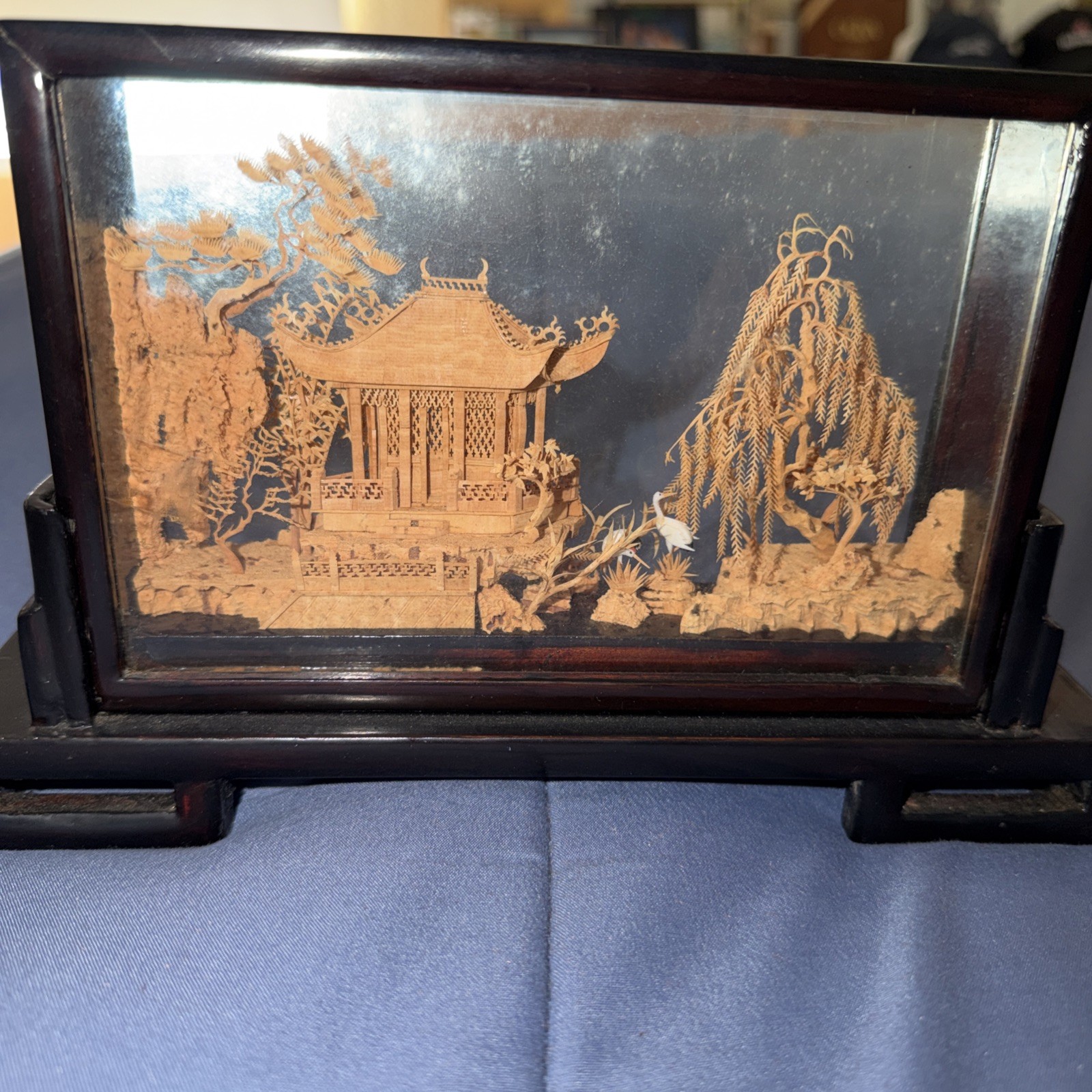 Vintage Chinese San You Cork Art Hand Carved Diorama Pagoda Cranes Trees