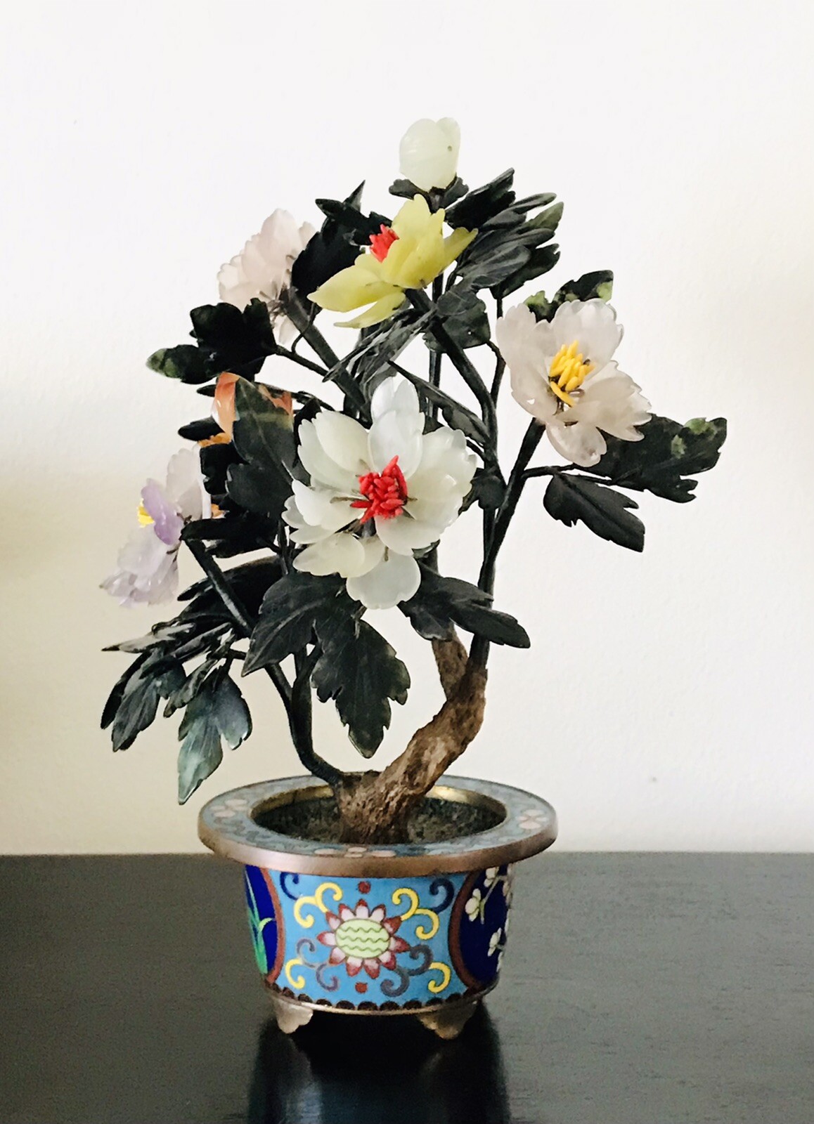 Chinese Jade Bonsai Tree in Cloisonne Pot, 8.5” Inches Tall