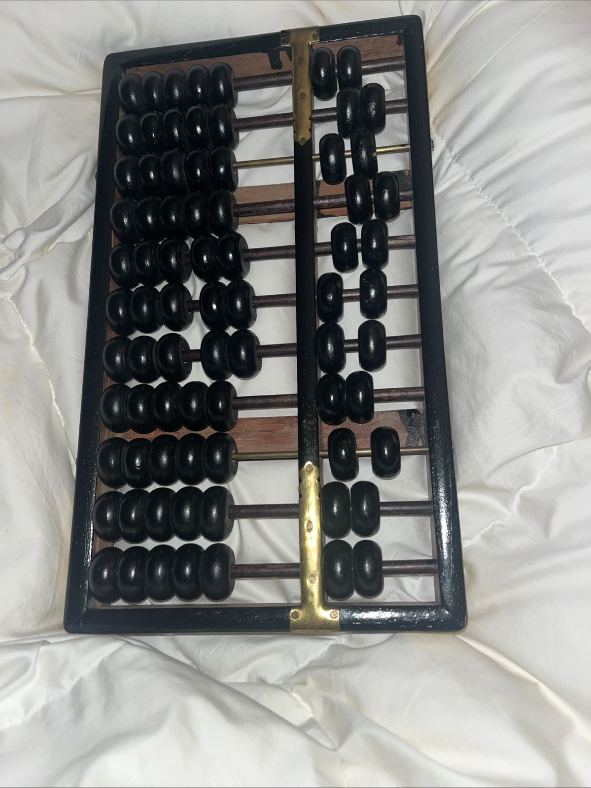 Vintage Abacus -11 RODS 77 BEADS Wood Black Painted Brass Accents Hong Kong