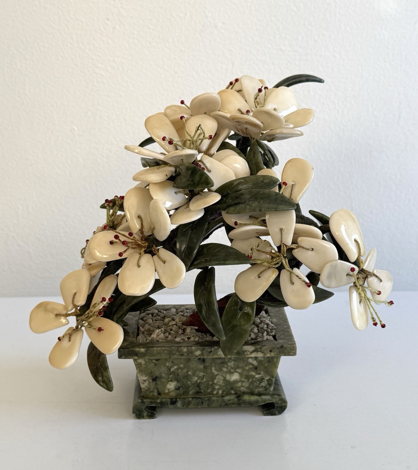 VTG Bonsai Tree Jade Pot Carved Semi Precious Stone Quartz Agate Flowers Blossom