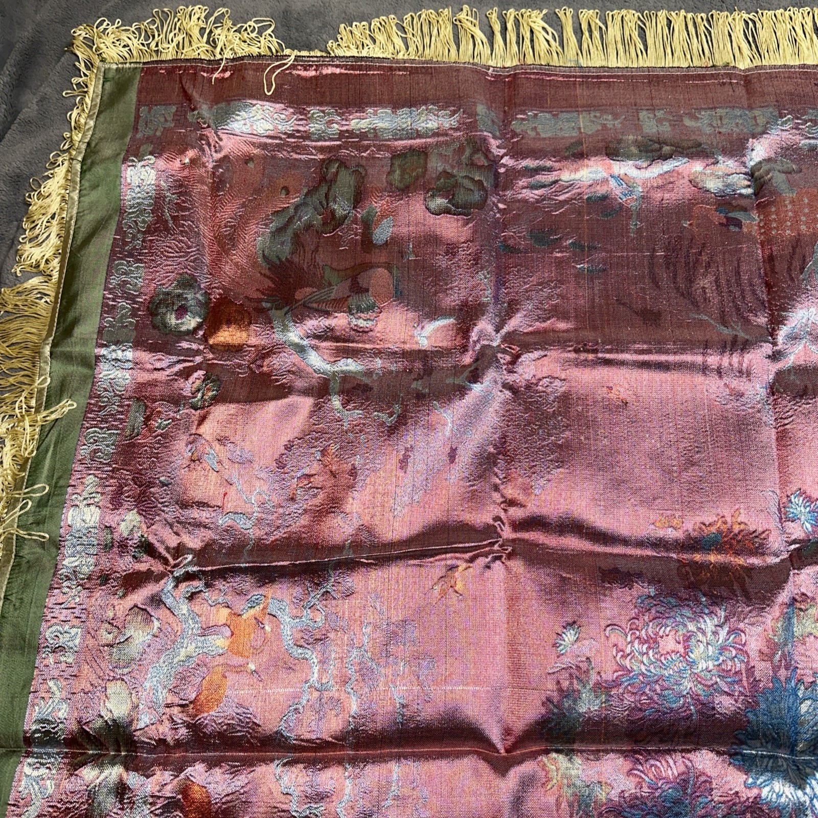 Vintage Brocaded Flowers Tablecloth Dujinsheng Silk Weave Fringe Peacock Crane