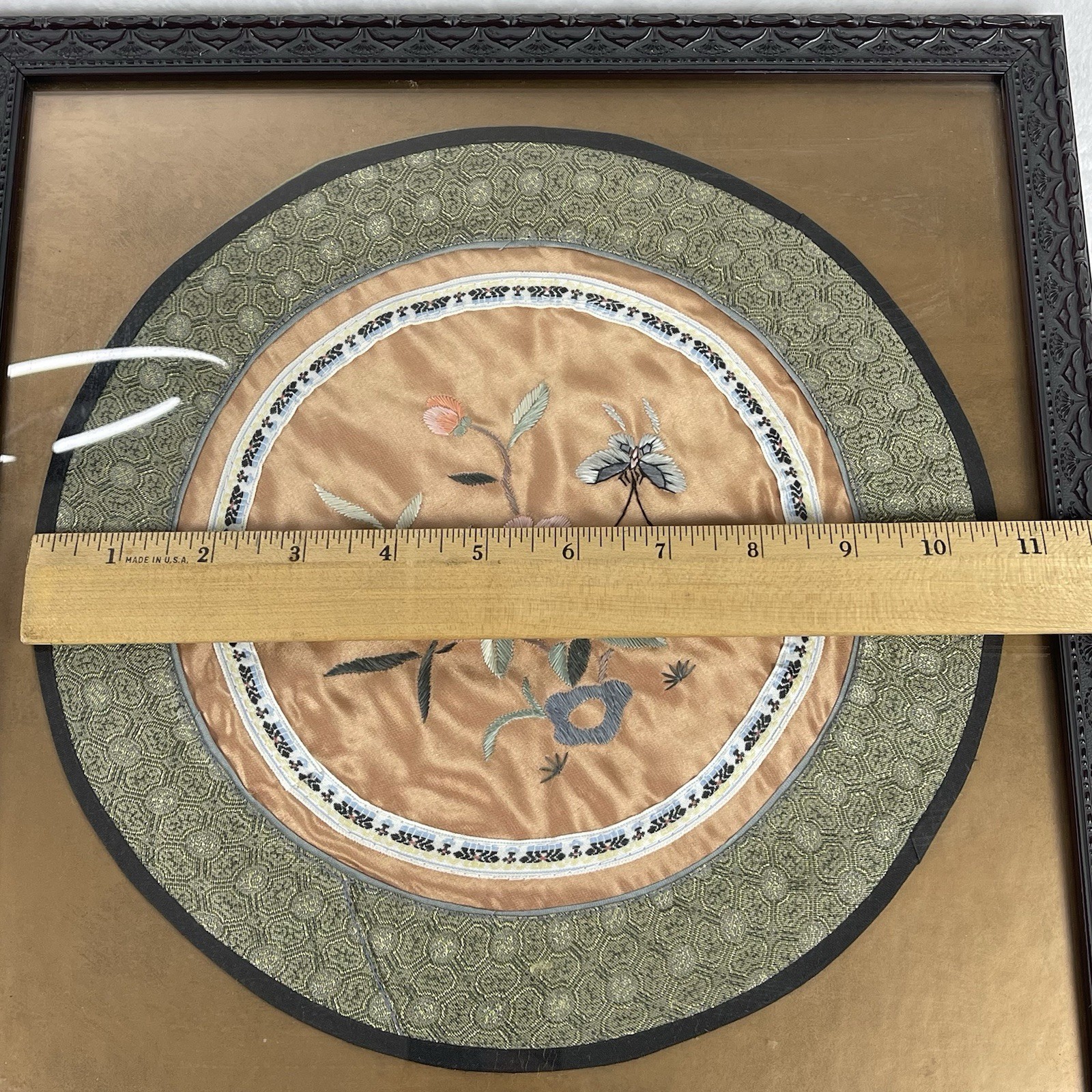 Vintage Chinese Silk Embroidery Art 10.5” Round Floral & Butterfly in 13” Frame