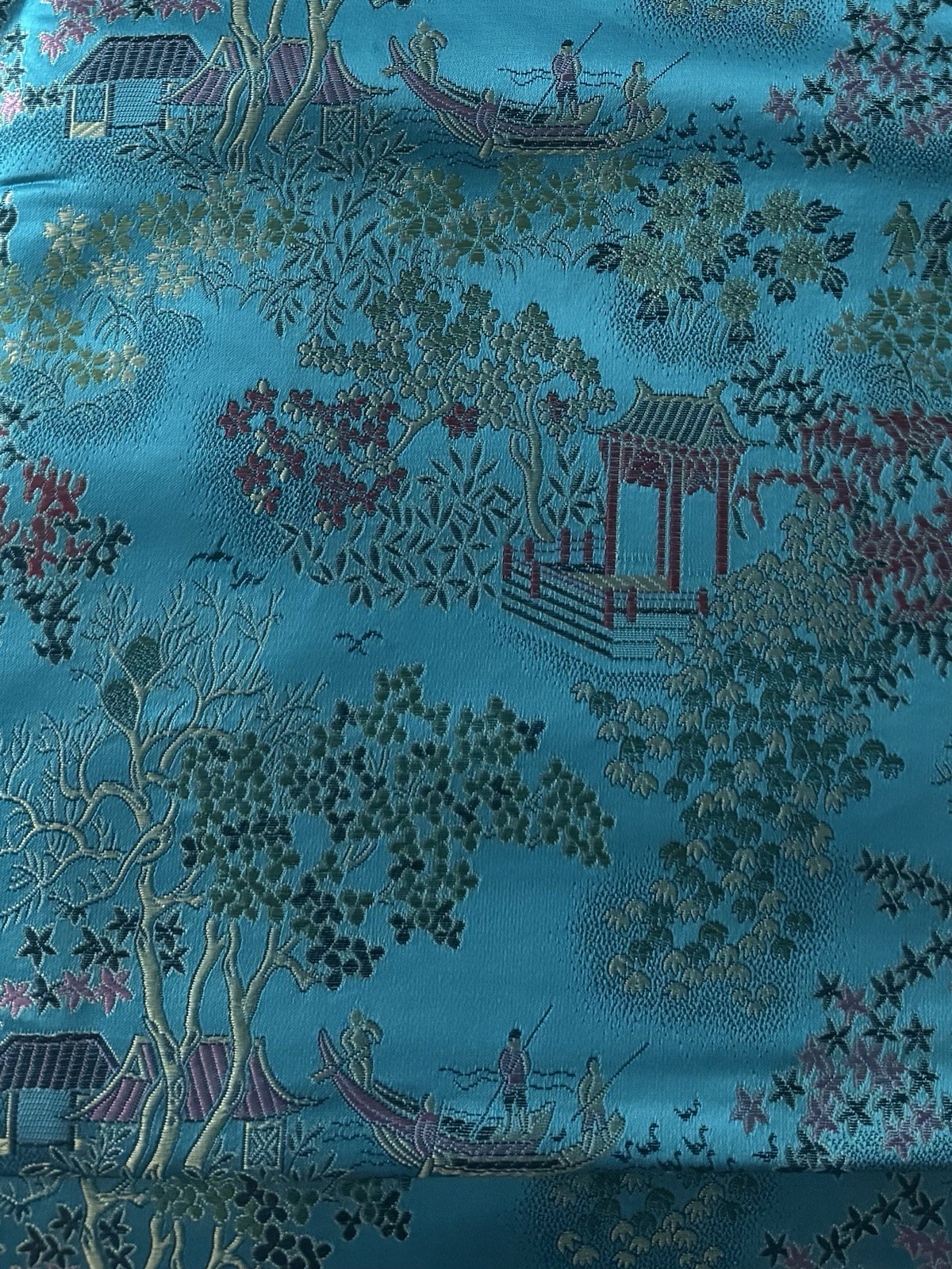 Vintage Chinese Blue Brocade Fabric Textile 4Yds X 36″ Wide Pagoda Flowers Boat