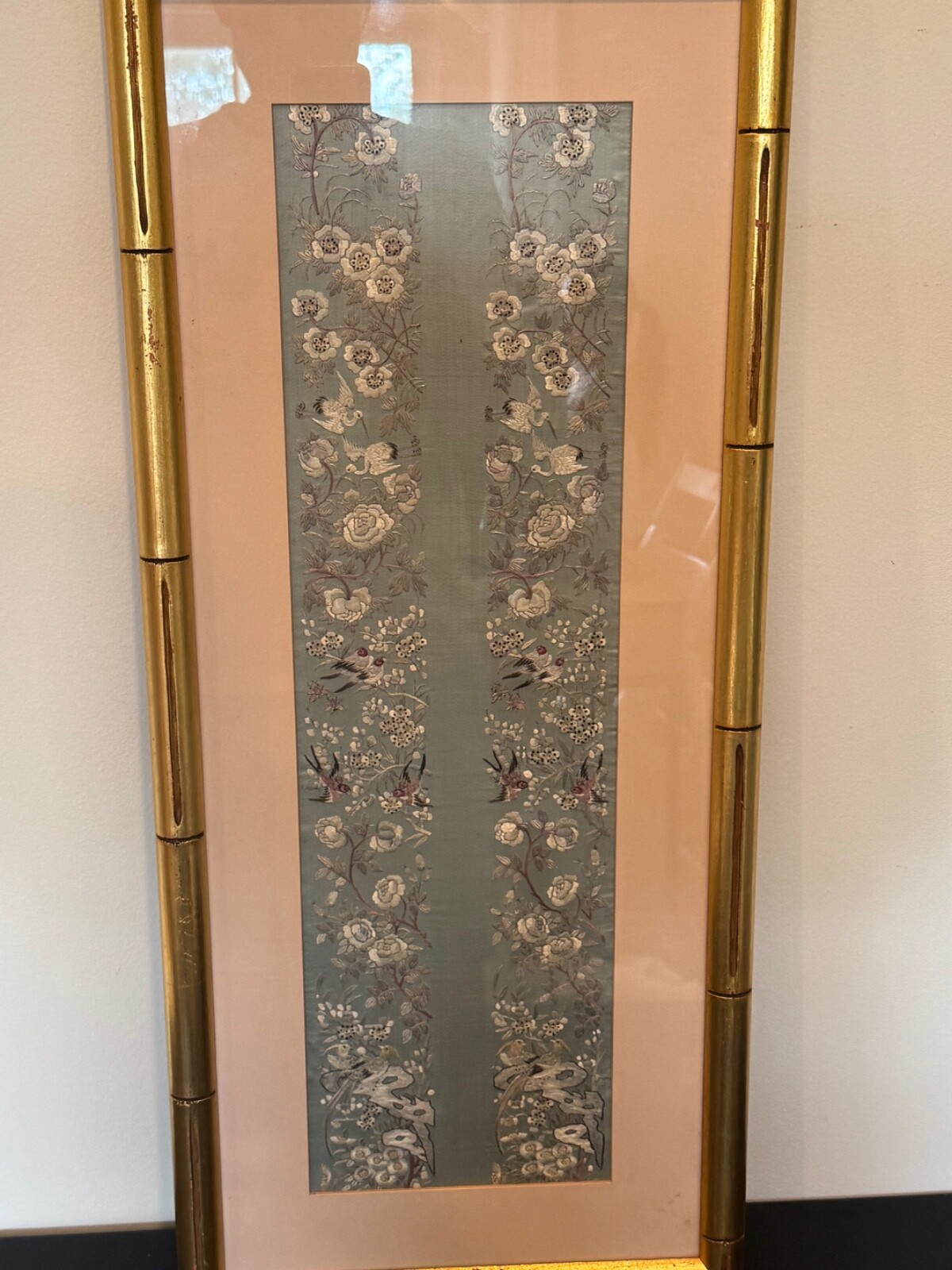 Vtg Antique Chinese Framed Silk Embroidered Textile Birds & Flowers Decoration