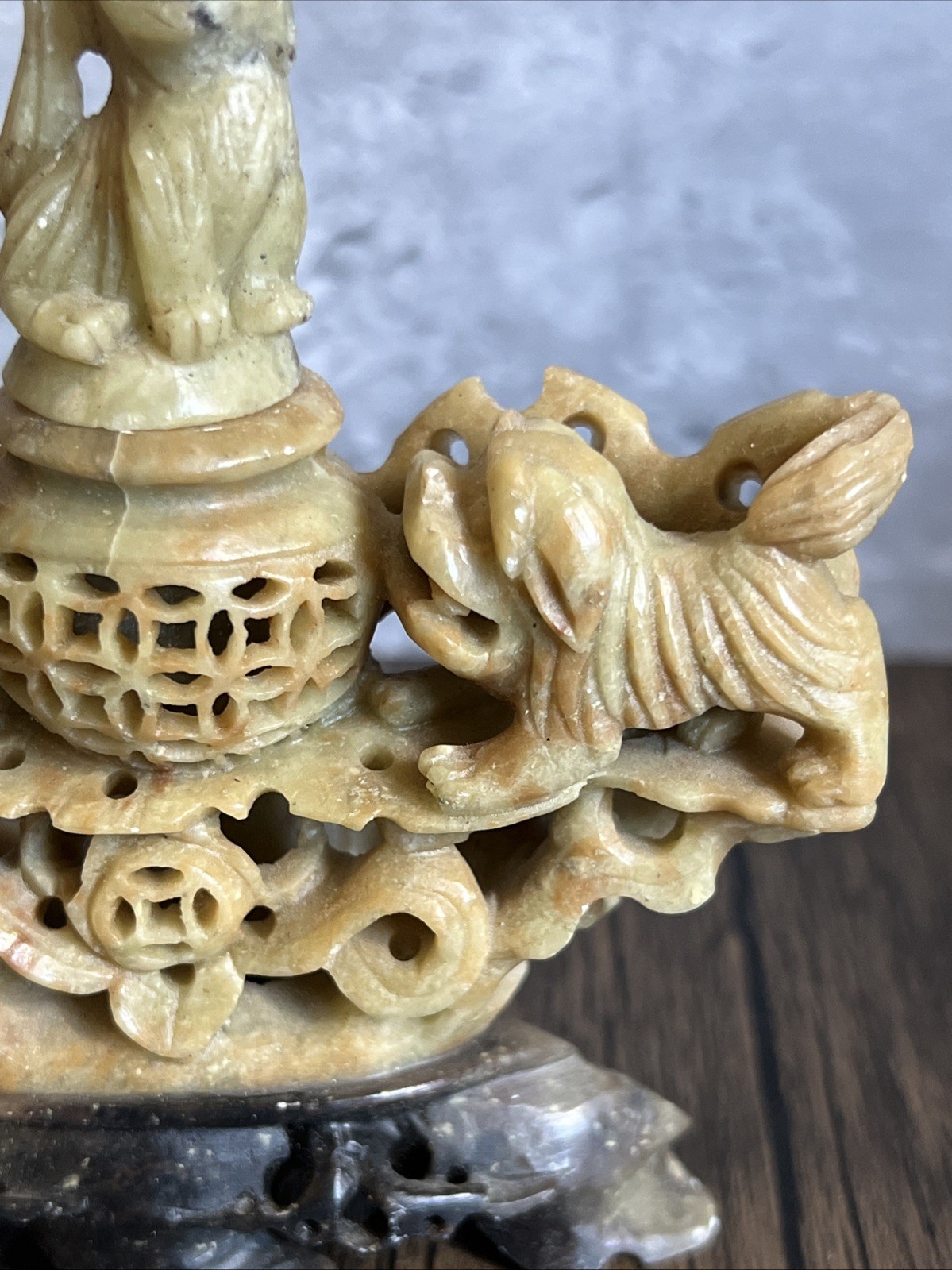 VINTAGE HAND CARVED SOAP STONE INCENSE BURNER FOO DOGS/LIONS CHINA 4×4