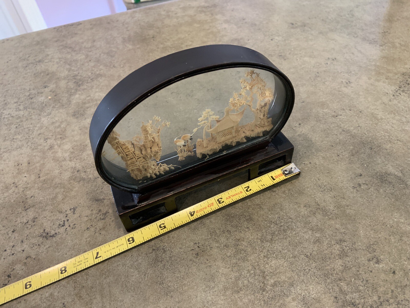 VINTAGE CHINESE SAN YOU DIORAMA CORK CARVING GLASS CASE PAGODA TREES & CRANES.